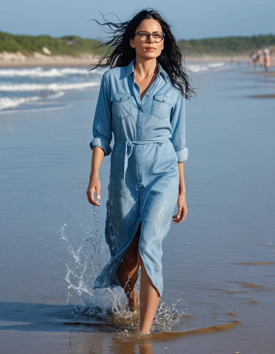 photo of young woman, in soaking wet, drenched clothes,
office shoes , long light blue jeans shirt dress, long light blue jeans shirt dress, walking on the beach, 
enjoying, wet clothes stuck to body,
detailed textures of the wet clothes, wet face, wet plastered hair,
wet, drenched, professional, high-quality details, full body view.
sharp focus, ultra-high pixel detail, realistic, high-quality, full colors, incredibly detailed, 4k, 8k, 16k, hyper-realistic, RAW photo, masterpiece, ultra-detailed, professionally color graded, professional photograph, woman 51 years old, long black hair, very big and thick lips, office glasses, complete body, open mouth,, dry skin, dry clothes, dry fabric