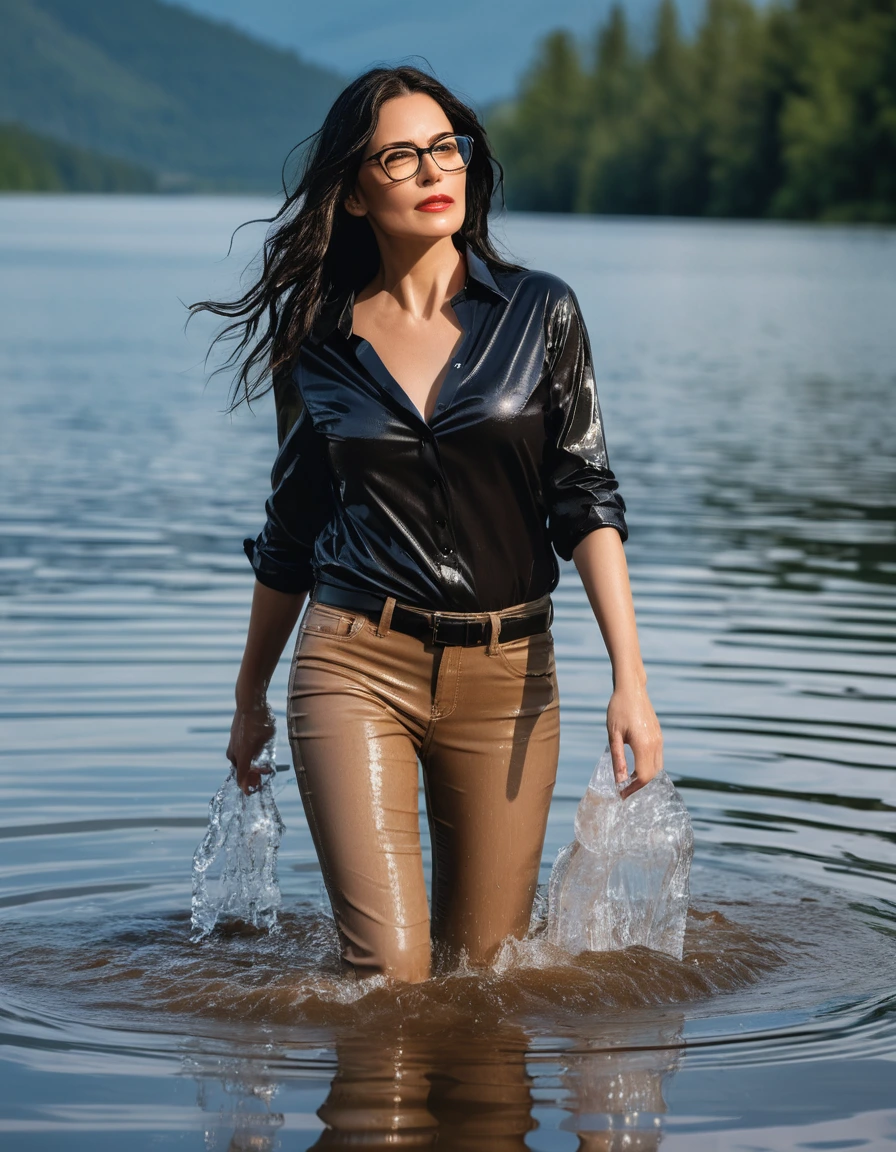 photo of young woman, in soaking wet, drenched clothes,
office shoes , long light brown jeans shinning, with black top, walking submerged in sunny deep lake, 
enjoying, wet clothes stuck to body,
detailed textures of the wet clothes, wet face, wet plastered hair,
wet, drenched, professional, high-quality details, full body view.
sharp focus, ultra-high pixel detail, realistic, high-quality, full colors, incredibly detailed, 4k, 8k, 16k, hyper-realistic, RAW photo, masterpiece, ultra-detailed, professionally color graded, professional photograph, woman 51 years old, long black hair, very big and thick lips, office glasses, complete body, open mouth, dry skin, dry clothes, dry fabric