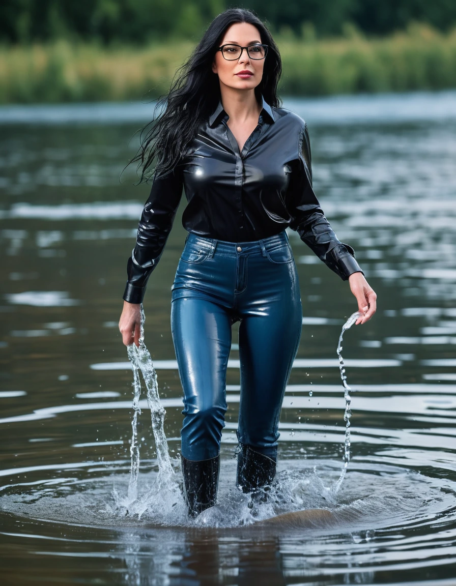 photo of young woman, in soaking wet, drenched clothes,
office shoes , long tight blue leather jeans, with black top, walking submerged in sunny deep lake, 
enjoying, wet clothes stuck to body,
detailed textures of the wet clothes, wet face, wet plastered hair,
wet, drenched, professional, high-quality details, full body view.
sharp focus, ultra-high pixel detail, realistic, high-quality, full colors, incredibly detailed, 4k, 8k, 16k, hyper-realistic, RAW photo, masterpiece, ultra-detailed, professionally color graded, professional photograph, woman 51 years old, long black hair, very big and thick lips, office glasses, complete body, open mouth, dry skin, dry clothes, dry fabric, dry skin, dry clothes, dry fabric