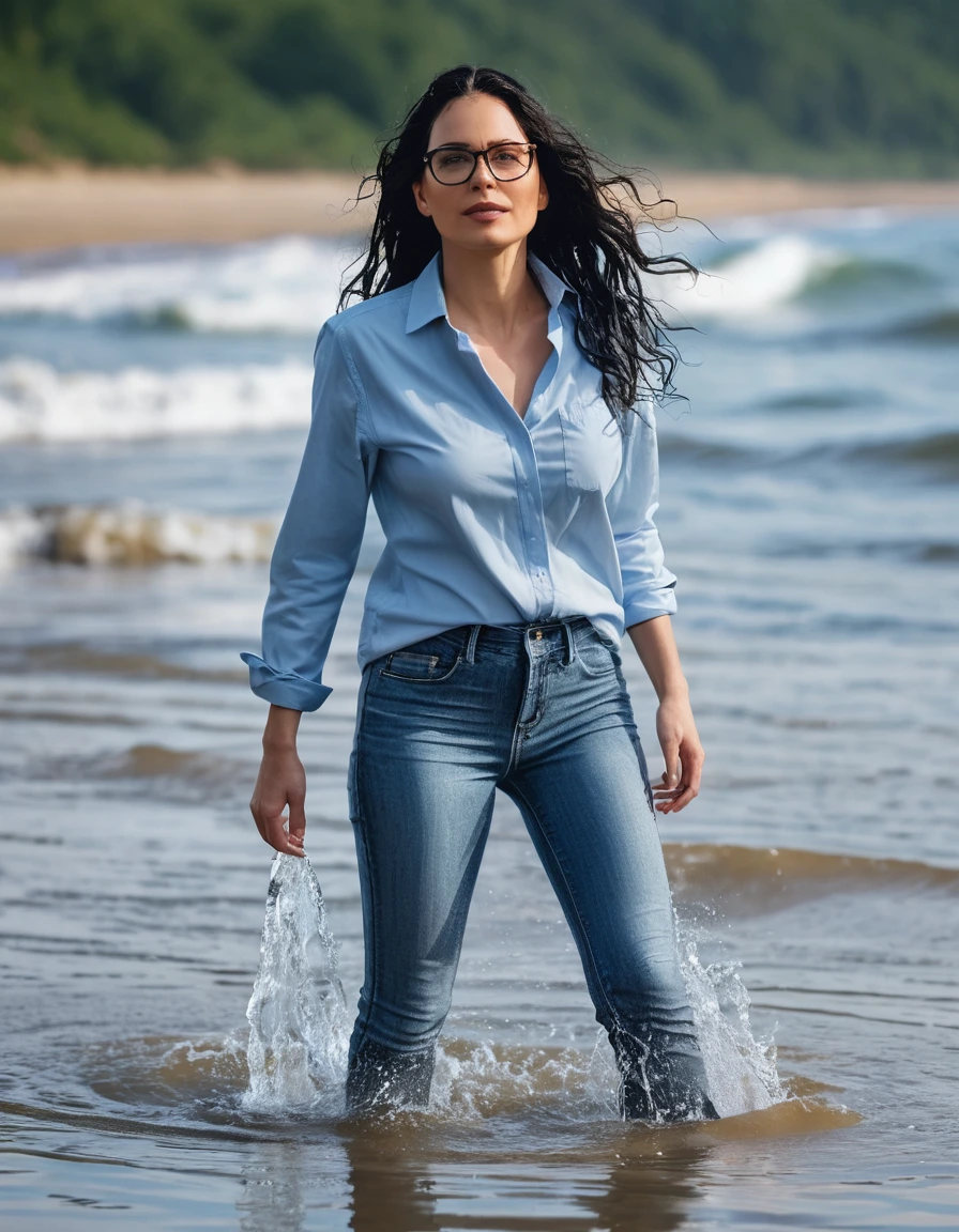 photo of young woman, in soaking wet, drenched clothes,
office shoes , long light blue tight jeans shinning, light blue jeans top, walking submerged in the waves, 
enjoying, wet clothes stuck to body,
detailed textures of the wet clothes, wet face, wet plastered hair,
wet, drenched, professional, high-quality details, full body view.
sharp focus, ultra-high pixel detail, realistic, high-quality, full colors, incredibly detailed, 4k, 8k, 16k, hyper-realistic, RAW photo, masterpiece, ultra-detailed, professionally color graded, professional photograph, woman 51 years old, long black hair, very big and thick lips, office glasses, complete body, open mouth, dry skin, dry clothes, dry fabric