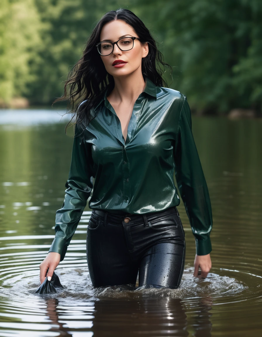 photo of young woman, in soaking wet, drenched clothes,
office shoes , long black tight leather jeans shinning, dark green silk shirt shinning, walking submerged in sunny deep lake, 
enjoying, wet clothes stuck to body,
detailed textures of the wet clothes, wet face, wet plastered hair,
wet, drenched, professional, high-quality details, full body view.
sharp focus, ultra-high pixel detail, realistic, high-quality, full colors, incredibly detailed, 4k, 8k, 16k, hyper-realistic, RAW photo, masterpiece, ultra-detailed, professionally color graded, professional photograph, woman 51 years old, long black hair, very big and thick lips, office glasses, complete body, open mouth, dry skin, dry clothes, dry fabric, dry skin, dry clothes, dry fabric