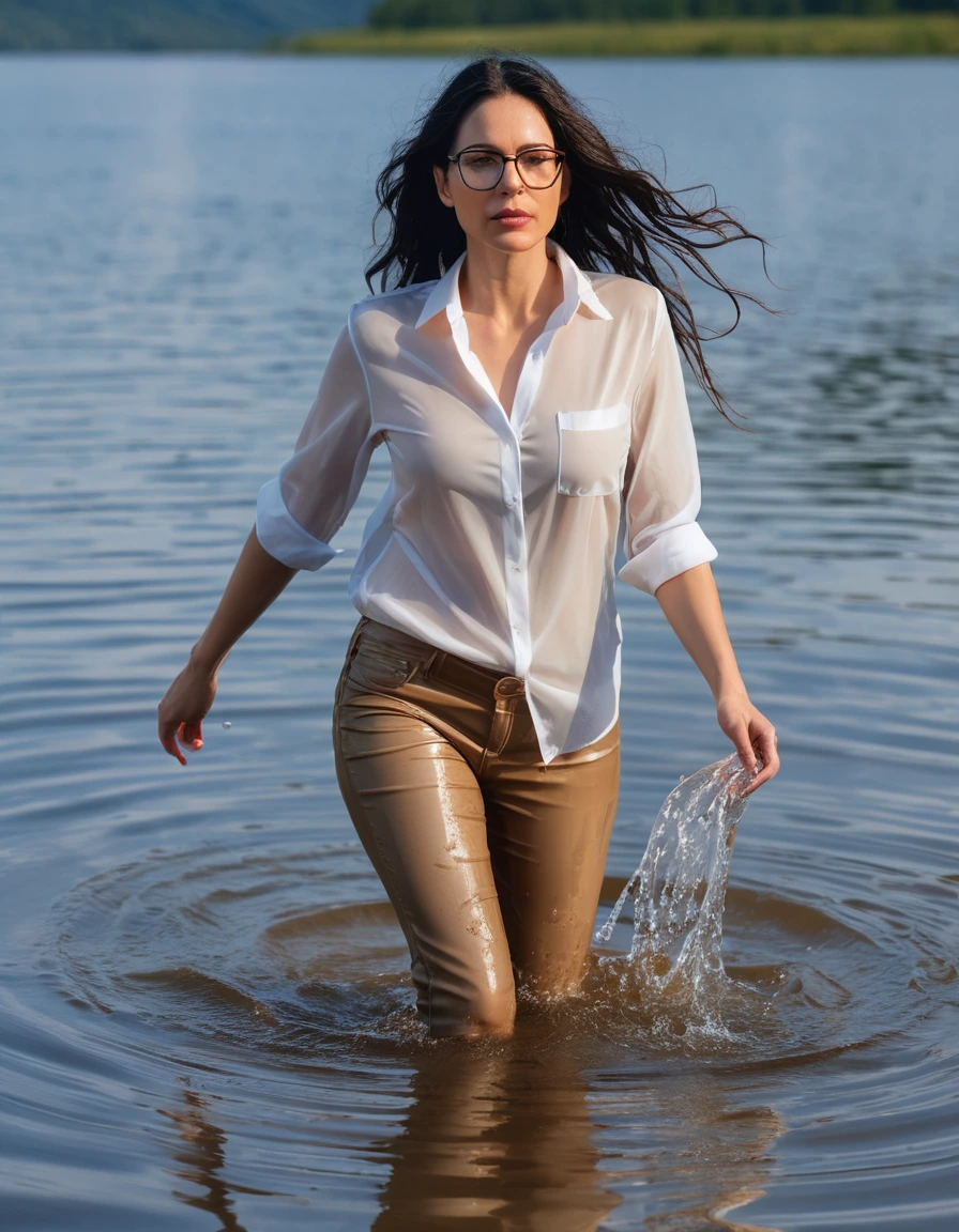 photo of young woman, in soaking wet, drenched clothes,
office shoes , long light brown jeans shinning, white transparent silk shirt shinning, walking submerged in sunny deep lake, 
enjoying, wet clothes stuck to body,
detailed textures of the wet clothes, wet face, wet plastered hair,
wet, drenched, professional, high-quality details, full body view.
sharp focus, ultra-high pixel detail, realistic, high-quality, full colors, incredibly detailed, 4k, 8k, 16k, hyper-realistic, RAW photo, masterpiece, ultra-detailed, professionally color graded, professional photograph, woman 51 years old, long black hair, very big and thick lips, office glasses, complete body, open mouth, dry skin, dry clothes, dry fabric