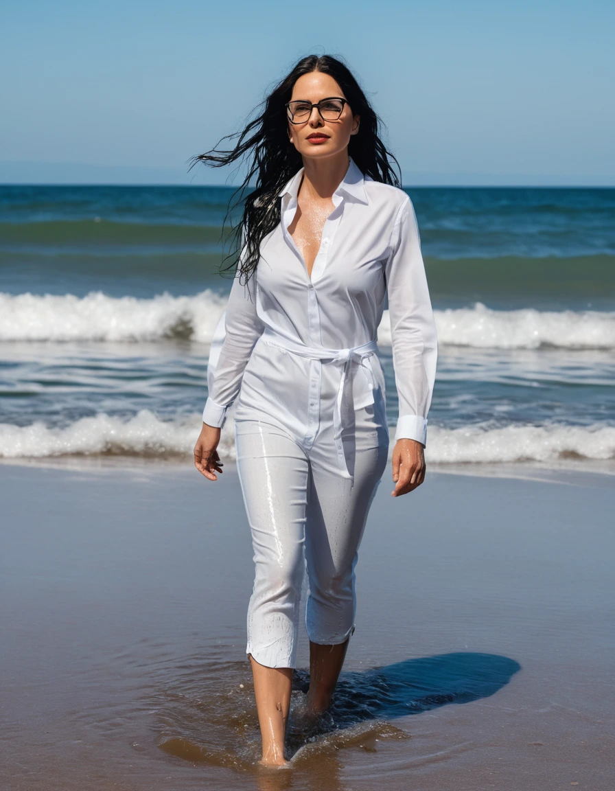 photo of young woman, in soaking wet, drenched clothes,
office shoes , midi tight white jeans shirt dress, midi tight white jeans shirt dress, walking on the beach, 
enjoying, wet clothes stuck to body,
detailed textures of the wet clothes, wet face, wet plastered hair,
wet, drenched, professional, high-quality details, full body view.
sharp focus, ultra-high pixel detail, realistic, high-quality, full colors, incredibly detailed, 4k, 8k, 16k, hyper-realistic, RAW photo, masterpiece, ultra-detailed, professionally color graded, professional photograph, woman 51 years old, long black hair, very big and thick lips, office glasses, complete body, open mouth, dry skin, dry clothes, dry fabric