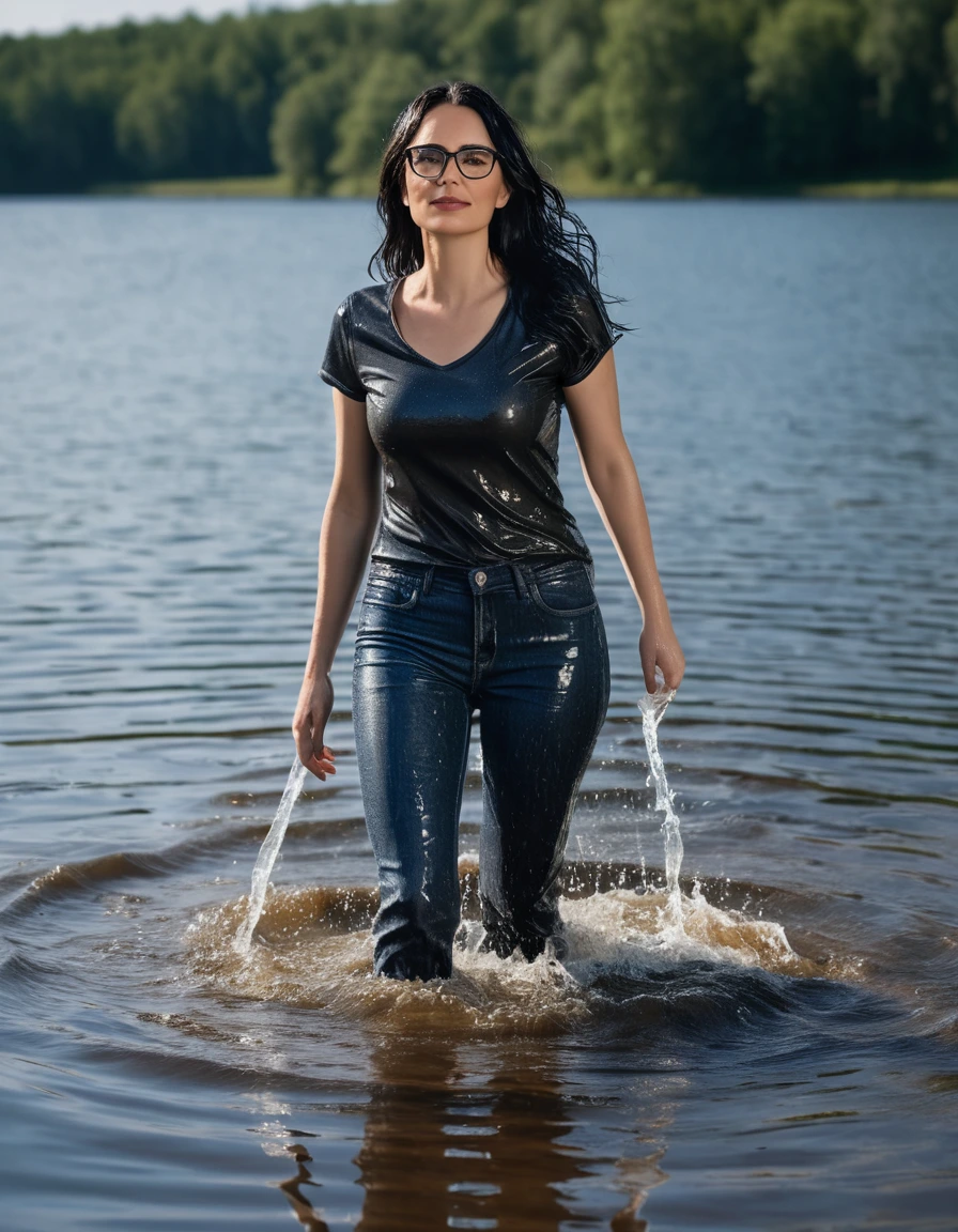 photo of young woman, in soaking wet, drenched clothes,
office shoes , long tight blue jeans shinning, with black top, walking submerged in sunny deep lake, 
enjoying, wet clothes stuck to body,
detailed textures of the wet clothes, wet face, wet plastered hair,
wet, drenched, professional, high-quality details, full body view.
sharp focus, ultra-high pixel detail, realistic, high-quality, full colors, incredibly detailed, 4k, 8k, 16k, hyper-realistic, RAW photo, masterpiece, ultra-detailed, professionally color graded, professional photograph, woman 51 years old, long black hair, very big and thick lips, office glasses, complete body, open mouth, dry skin, dry clothes, dry fabric, dry skin, dry clothes, dry fabric, dry skin, dry clothes, dry fabric