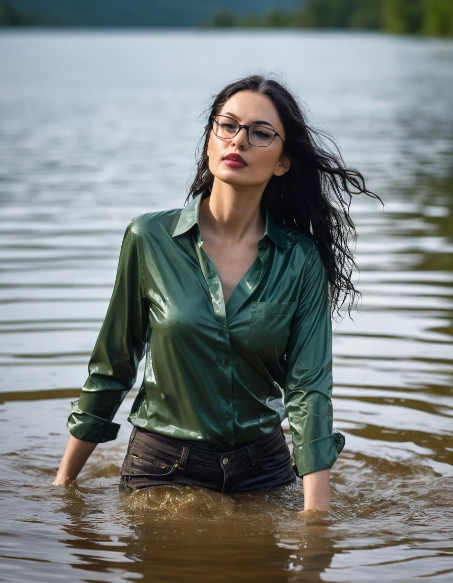 photo of young woman, in soaking wet, drenched clothes,
office shoes , long light brown jeans shinning, dark green silk shirt shinning, walking submerged in sunny deep lake, 
enjoying, wet clothes stuck to body,
detailed textures of the wet clothes, wet face, wet plastered hair,
wet, drenched, professional, high-quality details, full body view.
sharp focus, ultra-high pixel detail, realistic, high-quality, full colors, incredibly detailed, 4k, 8k, 16k, hyper-realistic, RAW photo, masterpiece, ultra-detailed, professionally color graded, professional photograph, woman 51 years old, long black hair, very big and thick lips, office glasses, complete body, open mouth, dry skin, dry clothes, dry fabric, dry skin, dry clothes, dry fabric