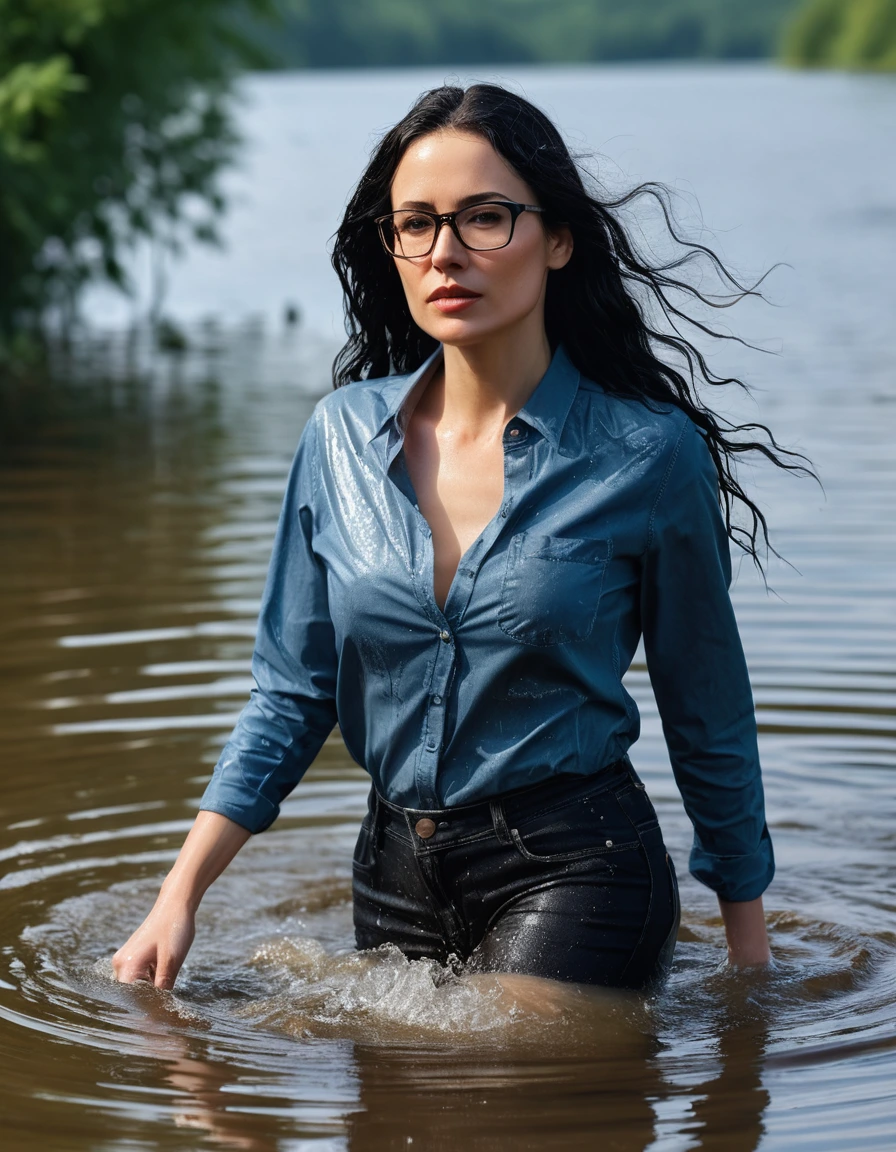 photo of young woman, in soaking wet, drenched clothes,
office shoes , long tight blue jeans shinning, with black top, walking submerged in sunny deep lake, 
enjoying, wet clothes stuck to body,
detailed textures of the wet clothes, wet face, wet plastered hair,
wet, drenched, professional, high-quality details, full body view.
sharp focus, ultra-high pixel detail, realistic, high-quality, full colors, incredibly detailed, 4k, 8k, 16k, hyper-realistic, RAW photo, masterpiece, ultra-detailed, professionally color graded, professional photograph, woman 51 years old, long black hair, very big and thick lips, office glasses, complete body, open mouth, dry skin, dry clothes, dry fabric, dry skin, dry clothes, dry fabric, dry skin, dry clothes, dry fabric