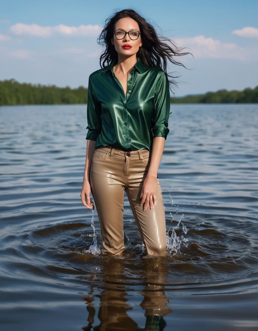 photo of young woman, in soaking wet, drenched clothes,
office shoes , long light brown jeans shinning, dark green silk shirt shinning, walking submerged in sunny deep lake, 
enjoying, wet clothes stuck to body,
detailed textures of the wet clothes, wet face, wet plastered hair,
wet, drenched, professional, high-quality details, full body view.
sharp focus, ultra-high pixel detail, realistic, high-quality, full colors, incredibly detailed, 4k, 8k, 16k, hyper-realistic, RAW photo, masterpiece, ultra-detailed, professionally color graded, professional photograph, woman 51 years old, long black hair, very big and thick lips, office glasses, complete body, open mouth, dry skin, dry clothes, dry fabric, dry skin, dry clothes, dry fabric
