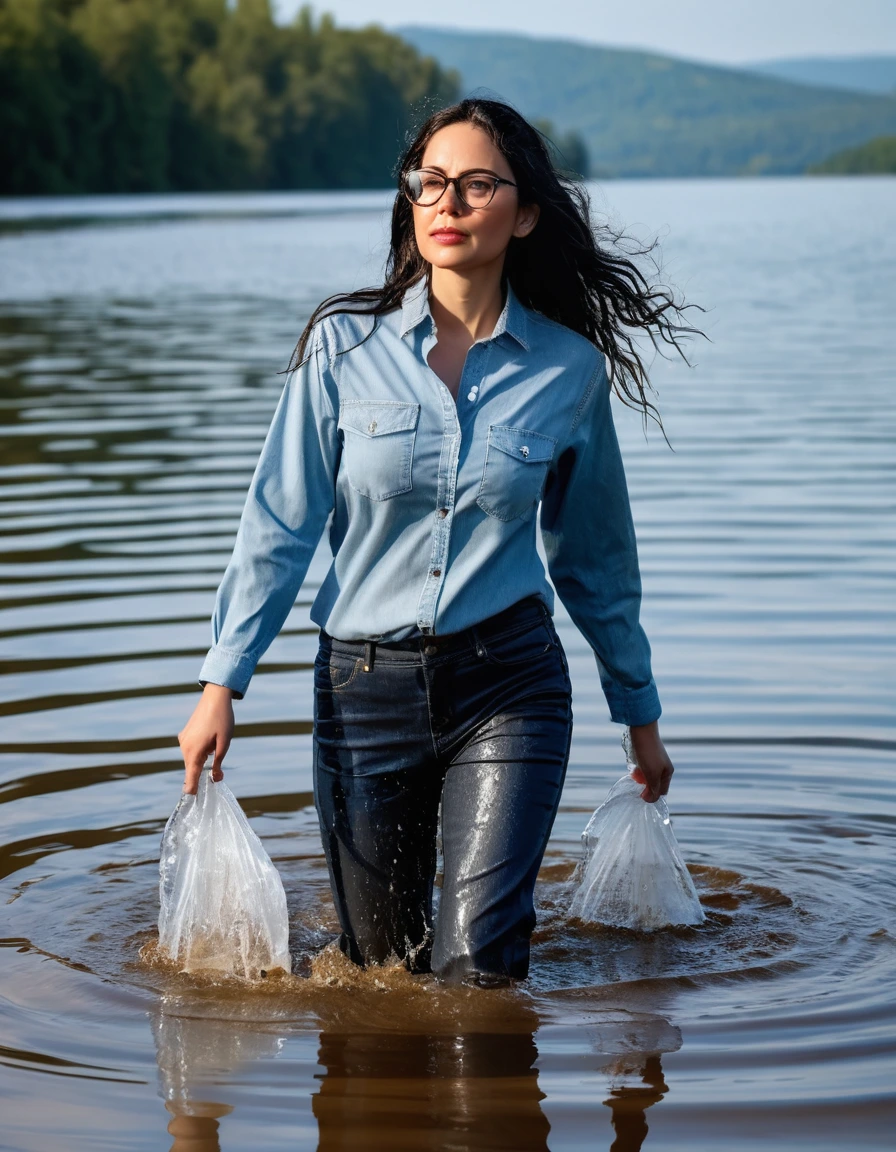 photo of young woman, in soaking wet, drenched clothes,
office shoes , long light brown jeans shinning, blue jeans shirt shinning, walking submerged in sunny deep lake, 
enjoying, wet clothes stuck to body,
detailed textures of the wet clothes, wet face, wet plastered hair,
wet, drenched, professional, high-quality details, full body view.
sharp focus, ultra-high pixel detail, realistic, high-quality, full colors, incredibly detailed, 4k, 8k, 16k, hyper-realistic, RAW photo, masterpiece, ultra-detailed, professionally color graded, professional photograph, woman 51 years old, long black hair, very big and thick lips, office glasses, complete body, open mouth, dry skin, dry clothes, dry fabric