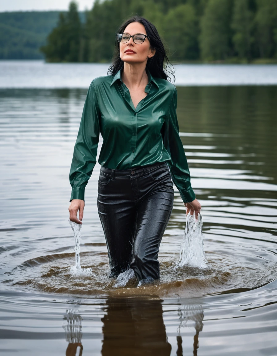 photo of young woman, in soaking wet, drenched clothes,
office shoes , long black leather jeans shinning, dark green silk shirt shinning, walking submerged in sunny deep lake, 
enjoying, wet clothes stuck to body,
detailed textures of the wet clothes, wet face, wet plastered hair,
wet, drenched, professional, high-quality details, full body view.
sharp focus, ultra-high pixel detail, realistic, high-quality, full colors, incredibly detailed, 4k, 8k, 16k, hyper-realistic, RAW photo, masterpiece, ultra-detailed, professionally color graded, professional photograph, woman 51 years old, long black hair, very big and thick lips, office glasses, complete body, open mouth, dry skin, dry clothes, dry fabric, dry skin, dry clothes, dry fabric
