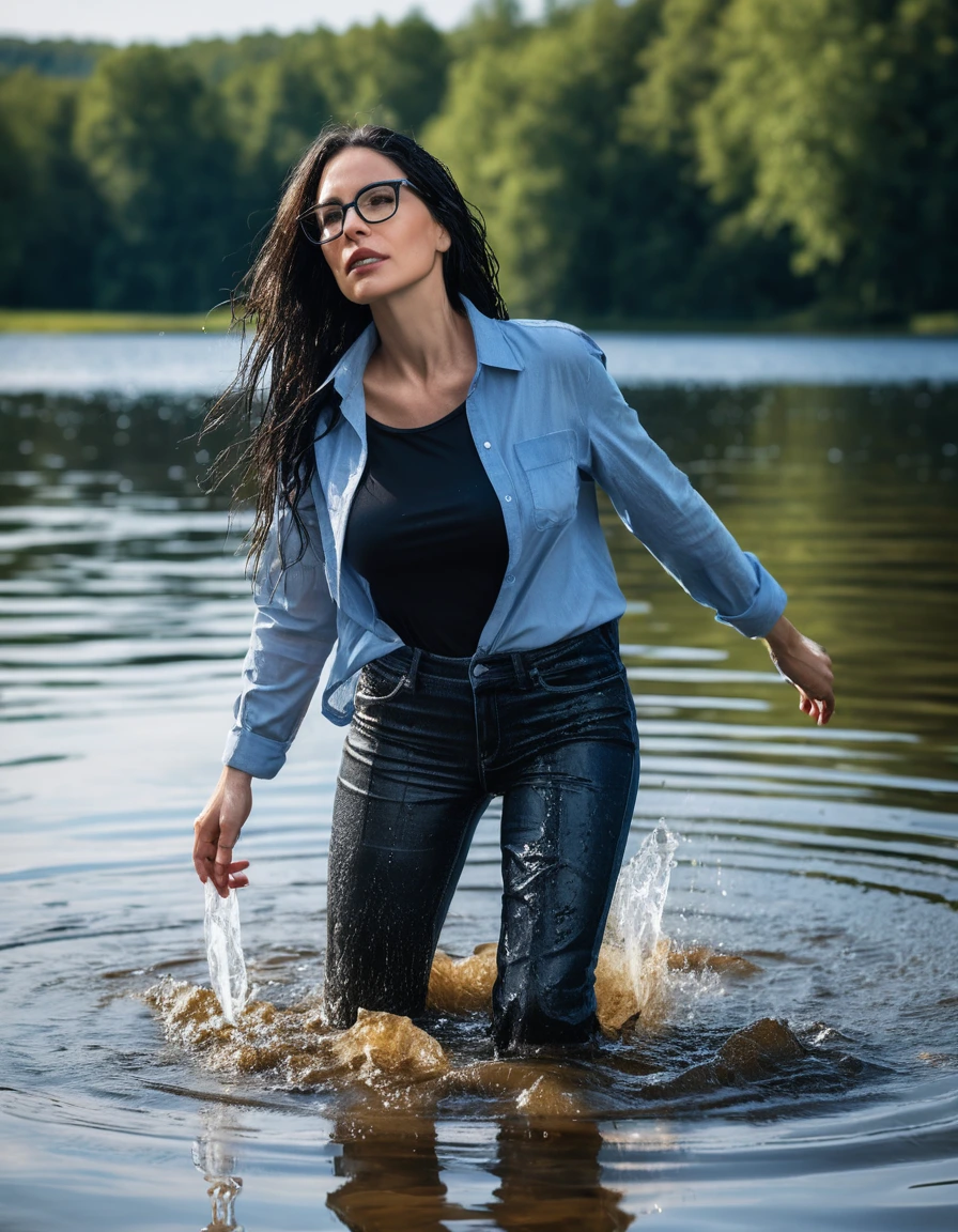photo of young woman, in soaking wet, drenched clothes,
office shoes , long blue jeans shinning, with black top, walking submerged in sunny deep lake, 
enjoying, wet clothes stuck to body,
detailed textures of the wet clothes, wet face, wet plastered hair,
wet, drenched, professional, high-quality details, full body view.
sharp focus, ultra-high pixel detail, realistic, high-quality, full colors, incredibly detailed, 4k, 8k, 16k, hyper-realistic, RAW photo, masterpiece, ultra-detailed, professionally color graded, professional photograph, woman 51 years old, long black hair, very big and thick lips, office glasses, complete body, open mouth, dry skin, dry clothes, dry fabric