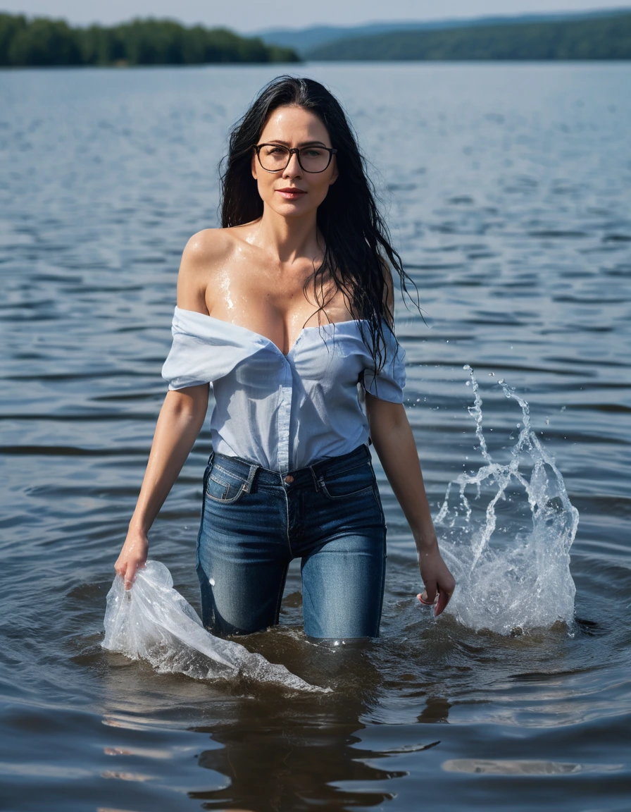photo of young woman, in soaking wet, drenched clothes,
office shoes , long blue jeans, topless with light blue jeans top, walking submerged in sunny deep lake, 
enjoying, wet clothes stuck to body,
detailed textures of the wet clothes, wet face, wet plastered hair,
wet, drenched, professional, high-quality details, full body view.
sharp focus, ultra-high pixel detail, realistic, high-quality, full colors, incredibly detailed, 4k, 8k, 16k, hyper-realistic, RAW photo, masterpiece, ultra-detailed, professionally color graded, professional photograph, woman 51 years old, long black hair, very big and thick lips, office glasses, complete body, open mouth, dry skin, dry clothes, dry fabric