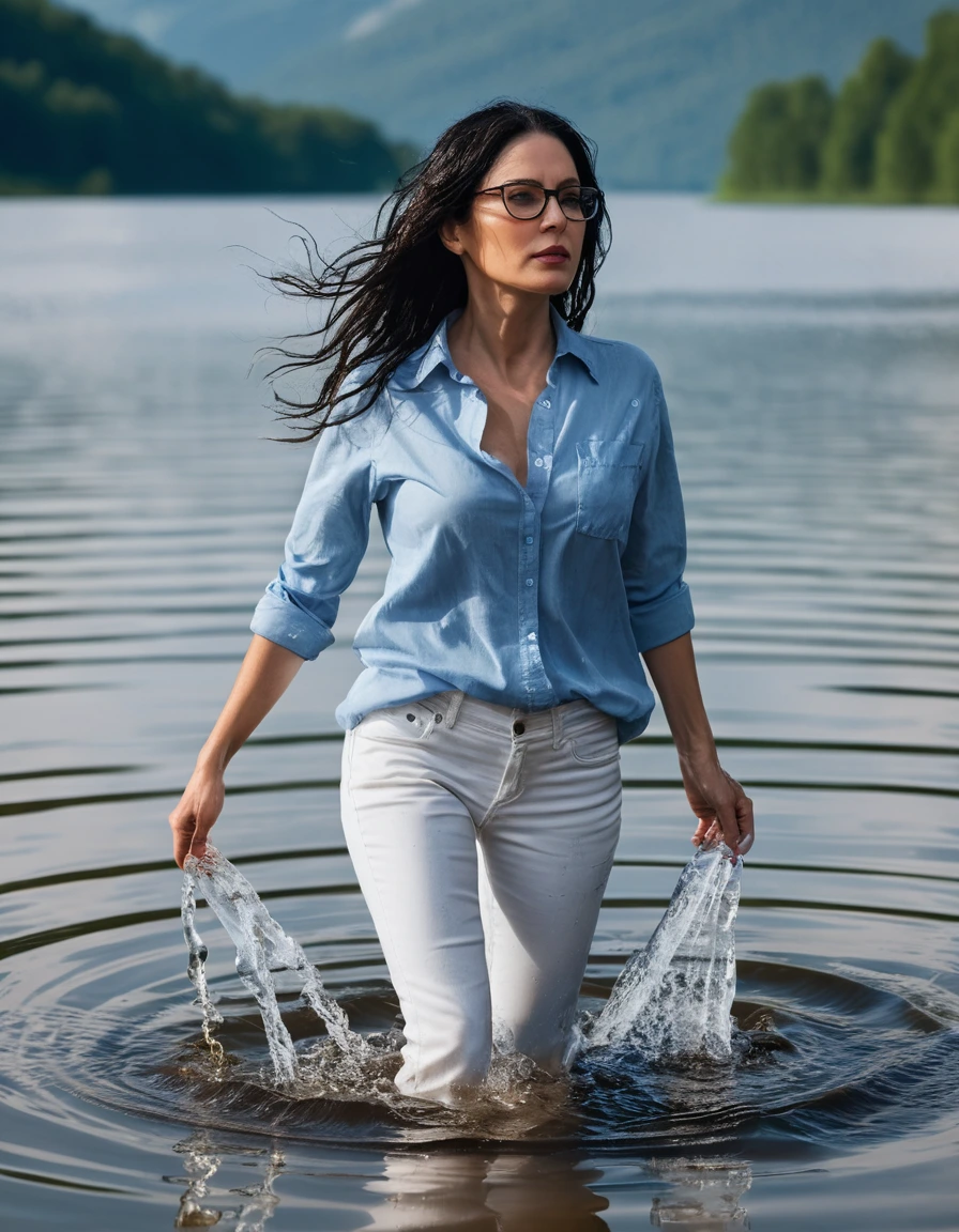 photo of young woman, in soaking wet, drenched clothes,
office shoes , long light white jeans, light blue jeans top, walking submerged in sunny deep lake, 
enjoying, wet clothes stuck to body,
detailed textures of the wet clothes, wet face, wet plastered hair,
wet, drenched, professional, high-quality details, full body view.
sharp focus, ultra-high pixel detail, realistic, high-quality, full colors, incredibly detailed, 4k, 8k, 16k, hyper-realistic, RAW photo, masterpiece, ultra-detailed, professionally color graded, professional photograph, woman 51 years old, long black hair, very big and thick lips, office glasses, complete body, open mouth, dry skin, dry clothes, dry fabric