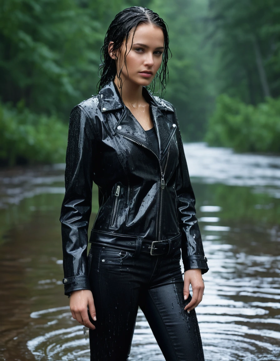 photo of young woman, in soaking wet, drenched clothes,
Black leather ankle boots, soaked and glistening , skin tight black leather jeans, saturated, black long sleeve leather shirt, black bikers leather jacket , snow covered forest, standing waiste deep in a river, drenched, close up, 
enjoying, wet clothes stuck to body,
detailed textures of the wet clothes, wet face, wet plastered hair,
wet, drenched, professional, high-quality details, full body view.
sharp focus, ultra-high pixel detail, realistic, high-quality, full colors, incredibly detailed, 4k, 8k, 16k, hyper-realistic, RAW photo, masterpiece, ultra-detailed, professionally color graded, professional photograph, intense wind-driven rain, hyper-realistic water droplets, cinematic rim lighting, fabric transparency, high-fashion editorial aesthetic, drenched hair, dry skin, dry clothes, dry fabric