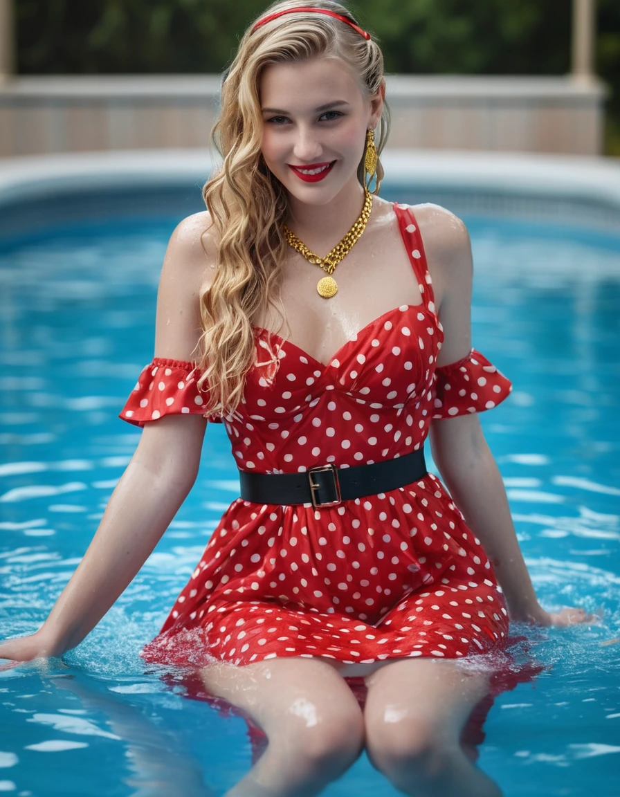 photo of young woman, in soaking wet, drenched clothes,
red high heels, black pull-up stockings with garter belt, wet long red dress with white polka dots, wet long red dress with white polka dots with sleeves, floating in a swimming pool, 
enjoying, wet clothes stuck to body,
detailed textures of the wet clothes, wet face, wet plastered hair,
wet, drenched, professional, high-quality details, full body view.
sharp focus, ultra-high pixel detail, realistic, high-quality, full colors, incredibly detailed, 4k, 8k, 16k, hyper-realistic, RAW photo, masterpiece, ultra-detailed, professionally color graded, professional photograph, smile, wet long blonde hair, gold necklace, gold earrings, gold belt, dry skin, dry clothes, dry fabric