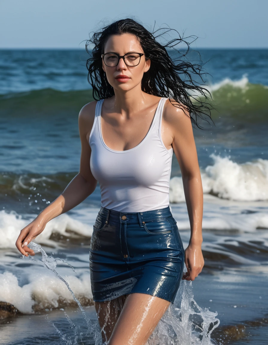 photo of young woman, in soaking wet, drenched clothes,
office shoes , short tight blue leather jeans skirt, white tight tank top, walking in sea waves, 
enjoying, wet clothes stuck to body,
detailed textures of the wet clothes, wet face, wet plastered hair,
wet, drenched, professional, high-quality details, full body view.
sharp focus, ultra-high pixel detail, realistic, high-quality, full colors, incredibly detailed, 4k, 8k, 16k, hyper-realistic, RAW photo, masterpiece, ultra-detailed, professionally color graded, professional photograph, woman 51 years old, long black hair, very big and thick lips, office glasses, complete body, open mouth, dry skin, dry clothes, dry fabric