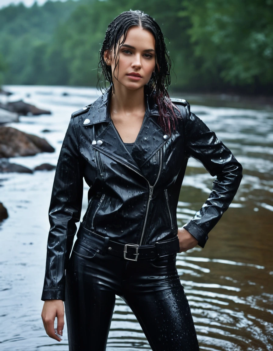 photo of young woman, in soaking wet, drenched clothes,
Black leather ankle boots, soaked and glistening , skin tight black leather jeans, saturated, black long sleeve leather shirt, black bikers leather jacket , snow covered forest, standing waiste deep in a river, drenched, close up, 
enjoying, wet clothes stuck to body,
detailed textures of the wet clothes, wet face, wet plastered hair,
wet, drenched, professional, high-quality details, full body view.
sharp focus, ultra-high pixel detail, realistic, high-quality, full colors, incredibly detailed, 4k, 8k, 16k, hyper-realistic, RAW photo, masterpiece, ultra-detailed, professionally color graded, professional photograph, intense wind-driven rain, hyper-realistic water droplets, cinematic rim lighting, fabric transparency, high-fashion editorial aesthetic, drenched hair, dry skin, dry clothes, dry fabric