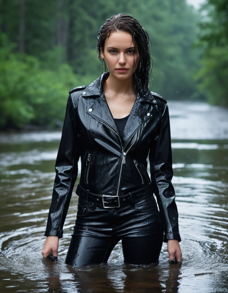 photo of young woman, in soaking wet, drenched clothes,
Black leather ankle boots, soaked and glistening , skin tight black leather jeans, saturated, black long sleeve leather shirt, black bikers leather jacket , snow covered forest, standing waiste deep in a river, drenched, close up, 
enjoying, wet clothes stuck to body,
detailed textures of the wet clothes, wet face, wet plastered hair,
wet, drenched, professional, high-quality details, full body view.
sharp focus, ultra-high pixel detail, realistic, high-quality, full colors, incredibly detailed, 4k, 8k, 16k, hyper-realistic, RAW photo, masterpiece, ultra-detailed, professionally color graded, professional photograph, intense wind-driven rain, hyper-realistic water droplets, cinematic rim lighting, fabric transparency, high-fashion editorial aesthetic, drenched hair, dry skin, dry clothes, dry fabric