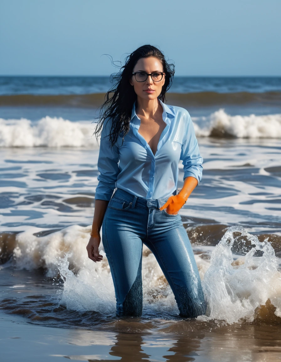photo of young woman, in soaking wet, drenched clothes,
office shoes , long light blue tight jeans shinning, light blue tight jeans top, standing complete submerged in the waves, 
enjoying, wet clothes stuck to body,
detailed textures of the wet clothes, wet face, wet plastered hair,
wet, drenched, professional, high-quality details, full body view.
sharp focus, ultra-high pixel detail, realistic, high-quality, full colors, incredibly detailed, 4k, 8k, 16k, hyper-realistic, RAW photo, masterpiece, ultra-detailed, professionally color graded, professional photograph, woman 51 years old, long black hair, very big and thick lips, office glasses, complete body, open mouth, dry skin, dry clothes, dry fabric