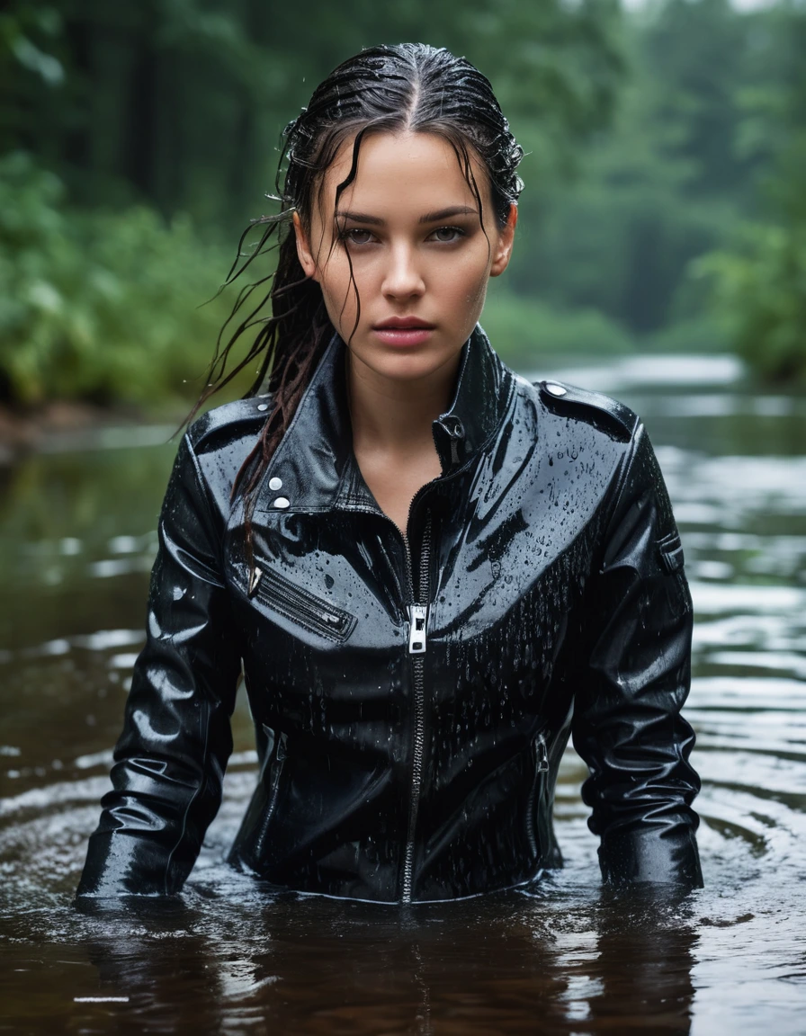 photo of young woman, in soaking wet, drenched clothes,
Black leather ankle boots, soaked and glistening , skin tight black leather jeans, saturated, black long sleeve leather shirt, black bikers leather jacket , snow covered forest, lying sbmerged in a river, head and sholders above the water, drenched, close up, 
enjoying, wet clothes stuck to body,
detailed textures of the wet clothes, wet face, wet plastered hair,
wet, drenched, professional, high-quality details, full body view.
sharp focus, ultra-high pixel detail, realistic, high-quality, full colors, incredibly detailed, 4k, 8k, 16k, hyper-realistic, RAW photo, masterpiece, ultra-detailed, professionally color graded, professional photograph, intense wind-driven rain, hyper-realistic water droplets, cinematic rim lighting, fabric transparency, high-fashion editorial aesthetic, drenched hair, dry skin, dry clothes, dry fabric