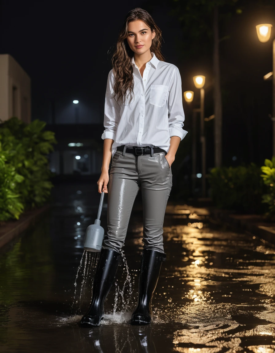 photo of young woman, in soaking wet, drenched clothes,
black rubber rain boots, charcoal grey skinny trousers, white button-up cotton shirt, illuminated hotel driveway at night, 
enjoying, wet clothes stuck to body,
detailed textures of the wet clothes, wet face, wet plastered hair,
wet, drenched, professional, high-quality details, full body view.
sharp focus, ultra-high pixel detail, realistic, high-quality, full colors, incredibly detailed, 4k, 8k, 16k, hyper-realistic, RAW photo, masterpiece, ultra-detailed, professionally color graded, professional photograph, standing directly under a malfunctioning sprinkler, water splashing on ground, heavy fabric cling, cinematic night lighting, wet hair, realistic skin droplets, bokeh background, high-resolution photography, dry skin, dry clothes, dry fabric