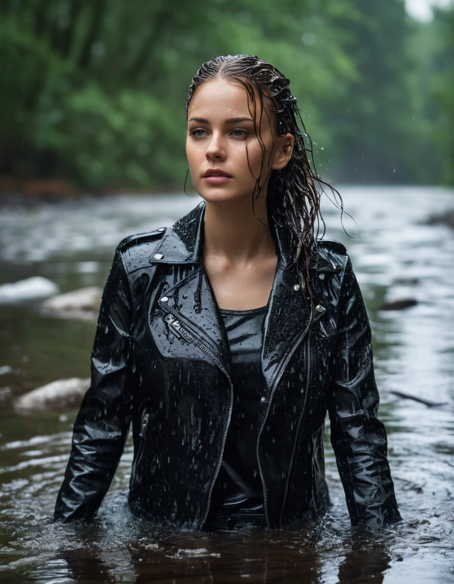 photo of young woman, in soaking wet, drenched clothes,
Black leather ankle boots, soaked and glistening , skin tight black leather jeans, saturated, black long sleeve leather shirt, black bikers leather jacket , snow covered forest, lying sbmerged in a river, head and sholders above the water, drenched, close up, 
enjoying, wet clothes stuck to body,
detailed textures of the wet clothes, wet face, wet plastered hair,
wet, drenched, professional, high-quality details, full body view.
sharp focus, ultra-high pixel detail, realistic, high-quality, full colors, incredibly detailed, 4k, 8k, 16k, hyper-realistic, RAW photo, masterpiece, ultra-detailed, professionally color graded, professional photograph, intense wind-driven rain, hyper-realistic water droplets, cinematic rim lighting, fabric transparency, high-fashion editorial aesthetic, drenched hair, dry skin, dry clothes, dry fabric