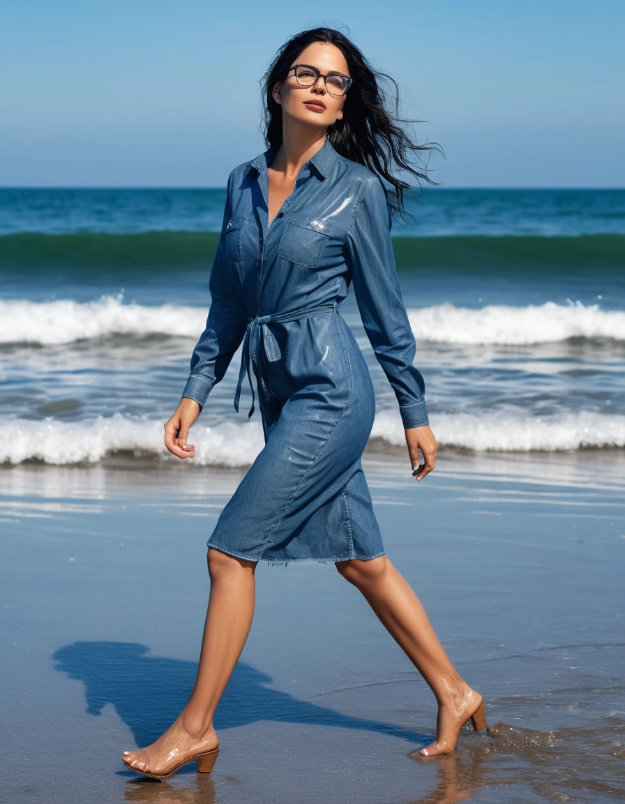 photo of young woman, in soaking wet, drenched clothes,
office shoes , midi tight blue jeans shirt dress, midi tight blue jeans shirt dress, walking on the beach, 
enjoying, wet clothes stuck to body,
detailed textures of the wet clothes, wet face, wet plastered hair,
wet, drenched, professional, high-quality details, full body view.
sharp focus, ultra-high pixel detail, realistic, high-quality, full colors, incredibly detailed, 4k, 8k, 16k, hyper-realistic, RAW photo, masterpiece, ultra-detailed, professionally color graded, professional photograph, woman 51 years old, long black hair, very big and thick lips, office glasses, complete body, open mouth,, dry skin, dry clothes, dry fabric