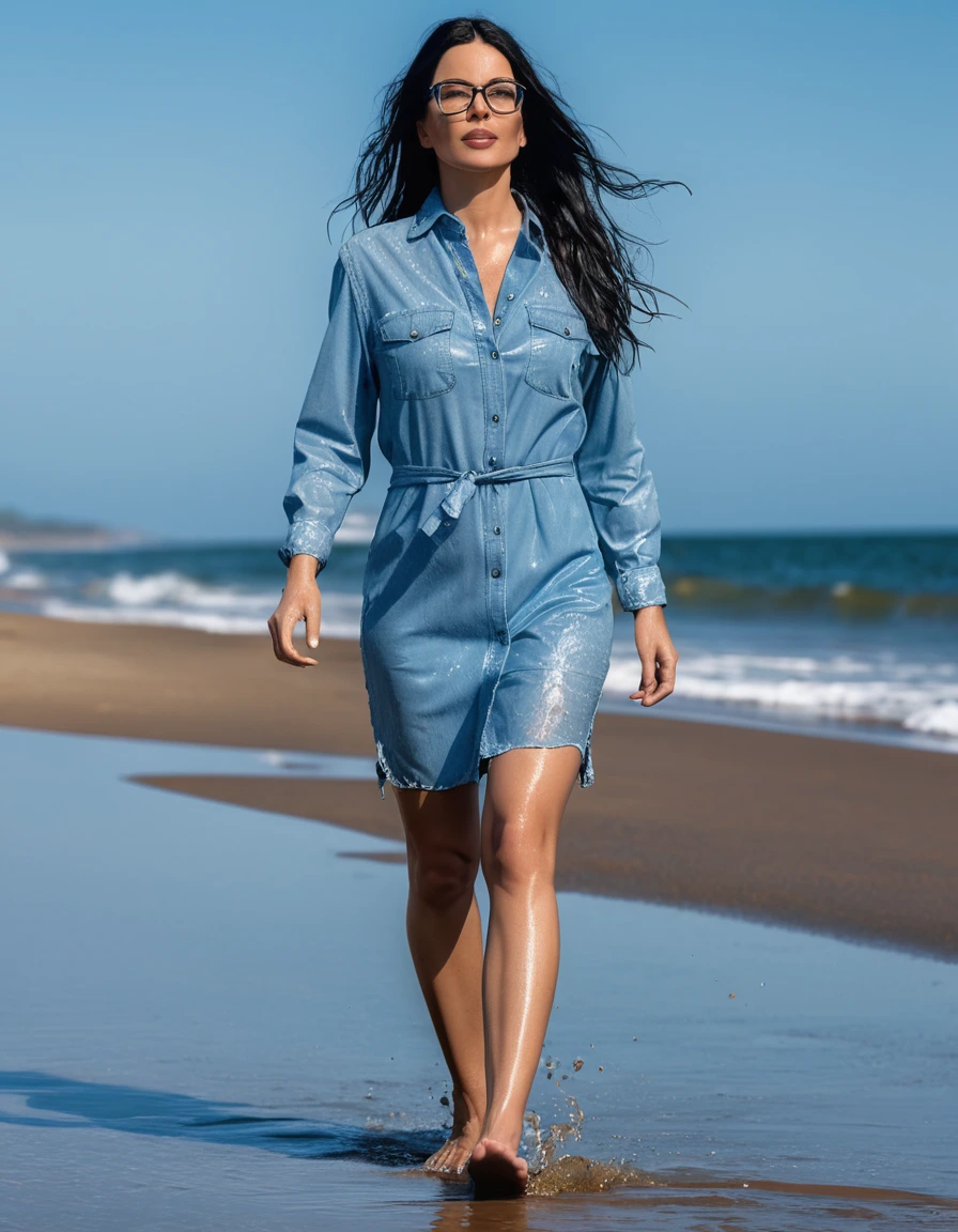 photo of young woman, in soaking wet, drenched clothes,
office shoes , mini tight light blue jeans shirt dress, mini tight blue jeans shirt dress, walking on the beach, 
enjoying, wet clothes stuck to body,
detailed textures of the wet clothes, wet face, wet plastered hair,
wet, drenched, professional, high-quality details, full body view.
sharp focus, ultra-high pixel detail, realistic, high-quality, full colors, incredibly detailed, 4k, 8k, 16k, hyper-realistic, RAW photo, masterpiece, ultra-detailed, professionally color graded, professional photograph, woman 51 years old, long black hair, very big and thick lips, office glasses, complete body, open mouth, dry skin, dry clothes, dry fabric