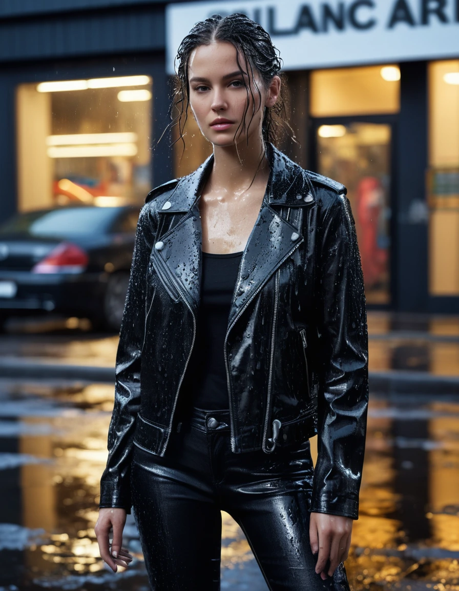 photo of young woman, in soaking wet, drenched clothes,
Black leather ankle boots, soaked and glistening , skin tight black leather jeans, saturated, black long sleeve leather shirt, black bikers leather jacket , suburban street corner next to a neon-lit laundromat entrance, drenched, close up, 
enjoying, wet clothes stuck to body,
detailed textures of the wet clothes, wet face, wet plastered hair,
wet, drenched, professional, high-quality details, full body view.
sharp focus, ultra-high pixel detail, realistic, high-quality, full colors, incredibly detailed, 4k, 8k, 16k, hyper-realistic, RAW photo, masterpiece, ultra-detailed, professionally color graded, professional photograph, intense wind-driven rain, hyper-realistic water droplets, cinematic rim lighting, fabric transparency, high-fashion editorial aesthetic, drenched hair, dry skin, dry clothes, dry fabric
