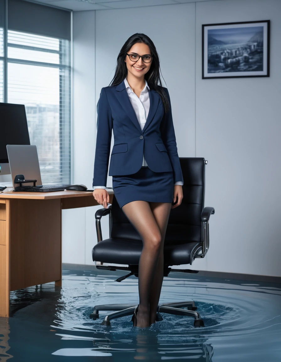 photo of young woman, in soaking wet, drenched clothes,
High heels, darkblue miniskirt with pantyhose, Darkblue fancy blazer over topless, in flooded office room on the swivel chair. Half meter water level in the office, 
enjoying, wet clothes stuck to body,
detailed textures of the wet clothes, wet face, wet plastered hair,
wet, drenched, professional, high-quality details, full body view.
sharp focus, ultra-high pixel detail, realistic, high-quality, full colors, incredibly detailed, 4k, 8k, 16k, hyper-realistic, RAW photo, masterpiece, ultra-detailed, professionally color graded, professional photograph, Gleaming european woman 51 years old, large boobs, very long black hair, smiling face expression, office glasses, complete body picture with legs, dry hair, dry blazer, dry skirt, dry skin, dry clothes, dry fabric