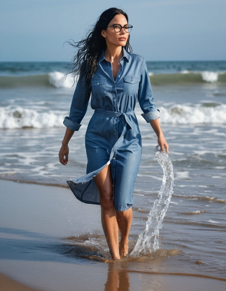 photo of young woman, in soaking wet, drenched clothes,
office shoes , midi tight blue jeans shirt dress, midi tight blue jeans shirt dress, walking on the beach, 
enjoying, wet clothes stuck to body,
detailed textures of the wet clothes, wet face, wet plastered hair,
wet, drenched, professional, high-quality details, full body view.
sharp focus, ultra-high pixel detail, realistic, high-quality, full colors, incredibly detailed, 4k, 8k, 16k, hyper-realistic, RAW photo, masterpiece, ultra-detailed, professionally color graded, professional photograph, woman 51 years old, long black hair, very big and thick lips, office glasses, complete body, open mouth,, dry skin, dry clothes, dry fabric