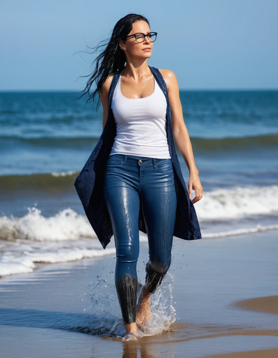 photo of young woman, in soaking wet, drenched clothes,
office shoes , long blue jeans leggins, white tight tank top, walking on the beach, 
enjoying, wet clothes stuck to body,
detailed textures of the wet clothes, wet face, wet plastered hair,
wet, drenched, professional, high-quality details, full body view.
sharp focus, ultra-high pixel detail, realistic, high-quality, full colors, incredibly detailed, 4k, 8k, 16k, hyper-realistic, RAW photo, masterpiece, ultra-detailed, professionally color graded, professional photograph, woman 51 years old, long black hair, very big and thick lips, office glasses, complete body, open mouth, dry skin, dry clothes, dry fabric