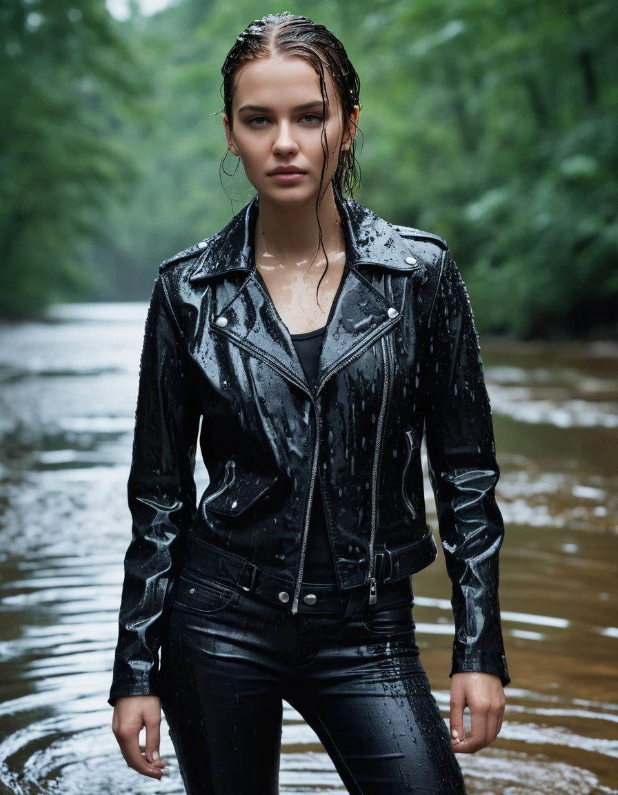 photo of young woman, in soaking wet, drenched clothes,
Black leather ankle boots, soaked and glistening , skin tight black leather jeans, saturated, black long sleeve leather shirt, black bikers leather jacket , snow covered forest, standing waiste deep in a river, drenched, close up, 
enjoying, wet clothes stuck to body,
detailed textures of the wet clothes, wet face, wet plastered hair,
wet, drenched, professional, high-quality details, full body view.
sharp focus, ultra-high pixel detail, realistic, high-quality, full colors, incredibly detailed, 4k, 8k, 16k, hyper-realistic, RAW photo, masterpiece, ultra-detailed, professionally color graded, professional photograph, intense wind-driven rain, hyper-realistic water droplets, cinematic rim lighting, fabric transparency, high-fashion editorial aesthetic, drenched hair, dry skin, dry clothes, dry fabric