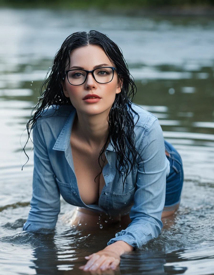 photo of young woman, in soaking wet, drenched clothes,
office shoes , long light blue tight jeans shinning, light blue tight jeans top, standing lying in the water, 
enjoying, wet clothes stuck to body,
detailed textures of the wet clothes, wet face, wet plastered hair,
wet, drenched, professional, high-quality details, full body view.
sharp focus, ultra-high pixel detail, realistic, high-quality, full colors, incredibly detailed, 4k, 8k, 16k, hyper-realistic, RAW photo, masterpiece, ultra-detailed, professionally color graded, professional photograph, woman 51 years old, long black hair, very big and thick lips, office glasses, complete body, open mouth, dry skin, dry clothes, dry fabric