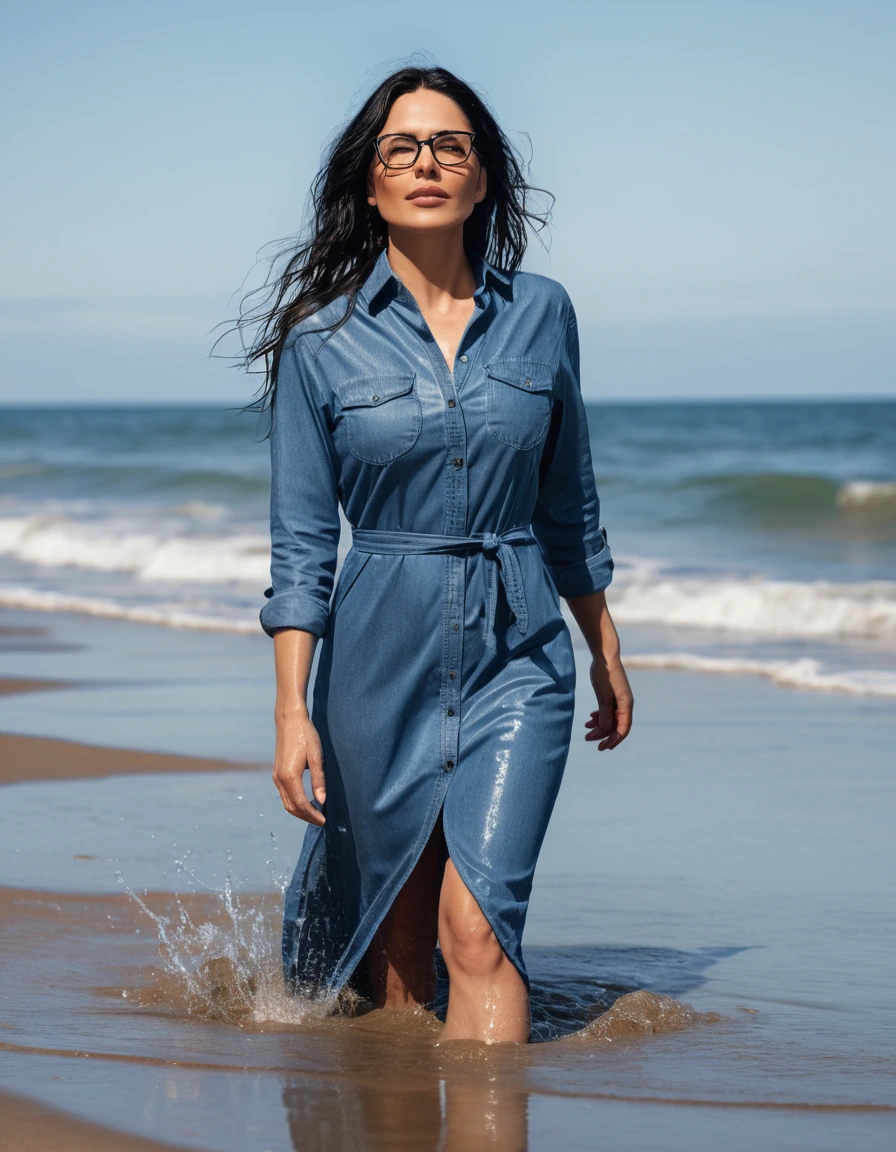 photo of young woman, in soaking wet, drenched clothes,
office shoes , midi tight blue jeans shirt dress, midi tight blue jeans shirt dress, walking on the beach, 
enjoying, wet clothes stuck to body,
detailed textures of the wet clothes, wet face, wet plastered hair,
wet, drenched, professional, high-quality details, full body view.
sharp focus, ultra-high pixel detail, realistic, high-quality, full colors, incredibly detailed, 4k, 8k, 16k, hyper-realistic, RAW photo, masterpiece, ultra-detailed, professionally color graded, professional photograph, woman 51 years old, long black hair, very big and thick lips, office glasses, complete body, open mouth,,, dry skin, dry clothes, dry fabric