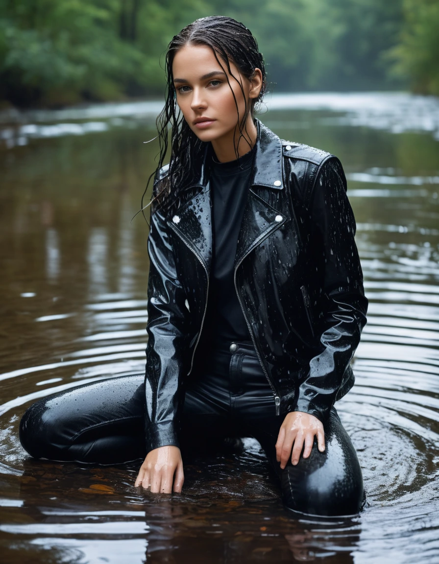 photo of young woman, in soaking wet, drenched clothes,
Black leather ankle boots, soaked and glistening , skin tight black leather jeans, saturated, black long sleeve leather shirt, black bikers leather jacket , snow covered forest, lying sbmerged in a river, head and sholders above the water, drenched, close up, 
enjoying, wet clothes stuck to body,
detailed textures of the wet clothes, wet face, wet plastered hair,
wet, drenched, professional, high-quality details, full body view.
sharp focus, ultra-high pixel detail, realistic, high-quality, full colors, incredibly detailed, 4k, 8k, 16k, hyper-realistic, RAW photo, masterpiece, ultra-detailed, professionally color graded, professional photograph, intense wind-driven rain, hyper-realistic water droplets, cinematic rim lighting, fabric transparency, high-fashion editorial aesthetic, drenched hair, dry skin, dry clothes, dry fabric