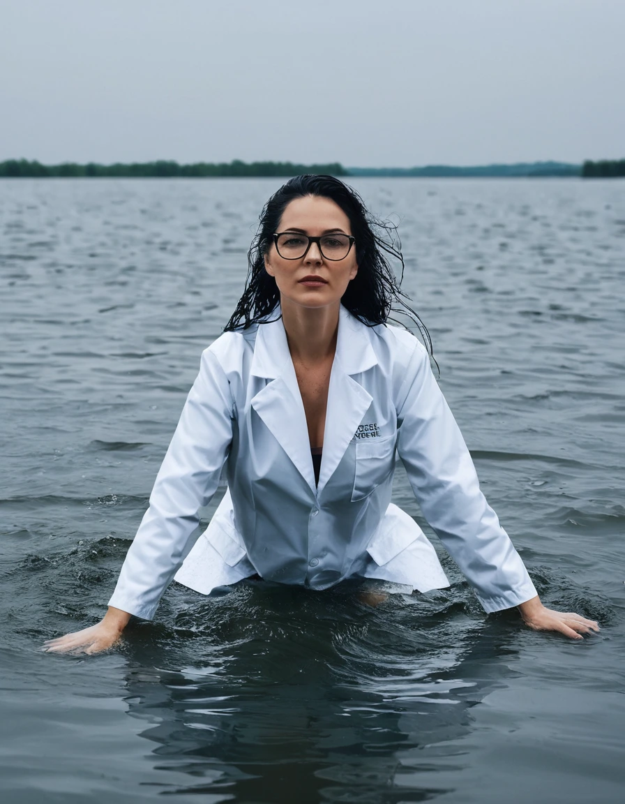 photo of young woman, in soaking wet, drenched clothes,
office shoes , white midi labcoat with long sleeves, white midi labcoat with long sleeves, swimming complete submerged in deep lake, 
enjoying, wet clothes stuck to body,
detailed textures of the wet clothes, wet face, wet plastered hair,
wet, drenched, professional, high-quality details, full body view.
sharp focus, ultra-high pixel detail, realistic, high-quality, full colors, incredibly detailed, 4k, 8k, 16k, hyper-realistic, RAW photo, masterpiece, ultra-detailed, professionally color graded, professional photograph, woman 51 years old, long black hair, very big and thick lips, office glasses, complete body, open mouth,, dry skin, dry clothes, dry fabric