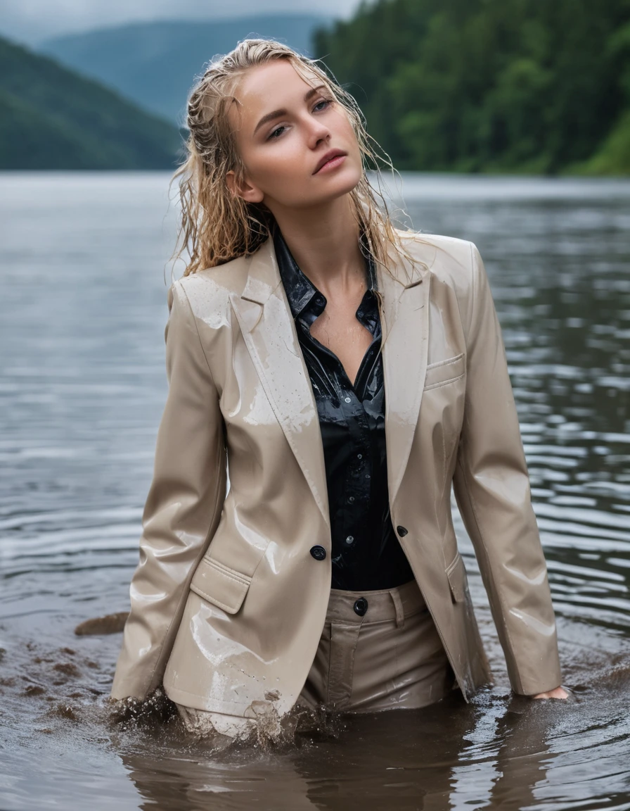 photo of young woman, in soaking wet, drenched clothes,
Beige Long Business Trouser, Beige Business Suit Jacket with Black button down business shirt longsleeve, Clear Mountain lake with heavy rain, 
enjoying, wet clothes stuck to body,
detailed textures of the wet clothes, wet face, wet plastered hair,
wet, drenched, professional, high-quality details, full body view.
sharp focus, ultra-high pixel detail, realistic, high-quality, full colors, incredibly detailed, 4k, 8k, 16k, hyper-realistic, RAW photo, masterpiece, ultra-detailed, professionally color graded, professional photograph, young elegant beautiful white Blonde women, breast deep submerged, under a big rainshower, fully clothed, completely soaked, fully drenched, completely wet, wetlook, heavy rain, side parting, long hair, rain storm, looks confidently into camera, dry skin, dry clothes, dry fabric