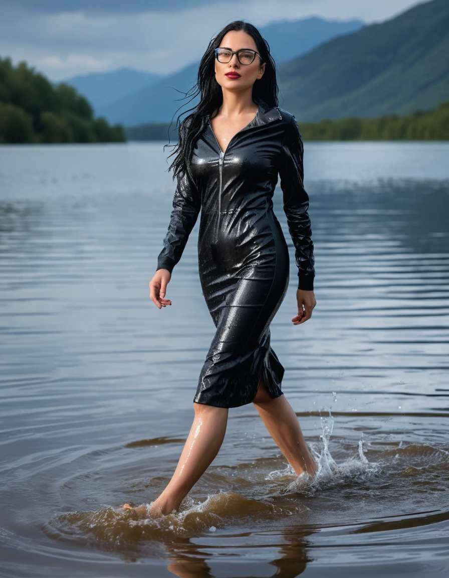 photo of young woman, in soaking wet, drenched clothes,
Sport shoes , midi tight black leather dress, midi tight black leather dress, walking in deep suuny lake, 
enjoying, wet clothes stuck to body,
detailed textures of the wet clothes, wet face, wet plastered hair,
wet, drenched, professional, high-quality details, full body view.
sharp focus, ultra-high pixel detail, realistic, high-quality, full colors, incredibly detailed, 4k, 8k, 16k, hyper-realistic, RAW photo, masterpiece, ultra-detailed, professionally color graded, professional photograph, woman 51 years old, long black hair, very big and thick lips, office glasses, complete body, open mouth, dry skin, dry clothes, dry fabric
