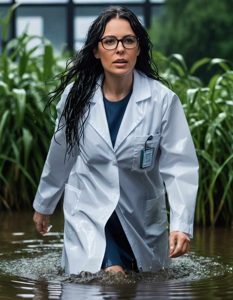 photo of young woman, in soaking wet, drenched clothes,
office shoes , white midi labcoat with long sleeves, white midi labcoat with long sleeves, walking submerged in flooded plant, 
enjoying, wet clothes stuck to body,
detailed textures of the wet clothes, wet face, wet plastered hair,
wet, drenched, professional, high-quality details, full body view.
sharp focus, ultra-high pixel detail, realistic, high-quality, full colors, incredibly detailed, 4k, 8k, 16k, hyper-realistic, RAW photo, masterpiece, ultra-detailed, professionally color graded, professional photograph, woman 51 years old, long black hair, very big and thick lips, office glasses, complete body, open mouth, dry skin, dry clothes, dry fabric