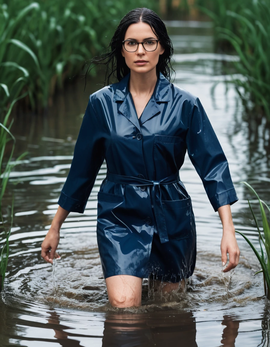 photo of young woman, in soaking wet, drenched clothes,
office shoes , dark blue midi labcoat with short sleeves, dark blue midi labcoat with short sleeves, walking submerged in flooded plant, 
enjoying, wet clothes stuck to body,
detailed textures of the wet clothes, wet face, wet plastered hair,
wet, drenched, professional, high-quality details, full body view.
sharp focus, ultra-high pixel detail, realistic, high-quality, full colors, incredibly detailed, 4k, 8k, 16k, hyper-realistic, RAW photo, masterpiece, ultra-detailed, professionally color graded, professional photograph, woman 51 years old, long black hair, very big and thick lips, office glasses, complete body, open mouth, dry skin, dry clothes, dry fabric