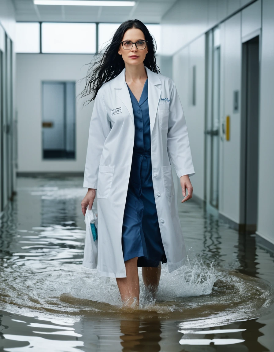 photo of young woman, in soaking wet, drenched clothes,
office shoes , white midi labcoat with long sleeves, white midi labcoat with long sleeves, walking complete submerged in flooded laboratory, 
enjoying, wet clothes stuck to body,
detailed textures of the wet clothes, wet face, wet plastered hair,
wet, drenched, professional, high-quality details, full body view.
sharp focus, ultra-high pixel detail, realistic, high-quality, full colors, incredibly detailed, 4k, 8k, 16k, hyper-realistic, RAW photo, masterpiece, ultra-detailed, professionally color graded, professional photograph, woman 51 years old, long black hair, very big and thick lips, office glasses, complete body, open mouth,, dry skin, dry clothes, dry fabric