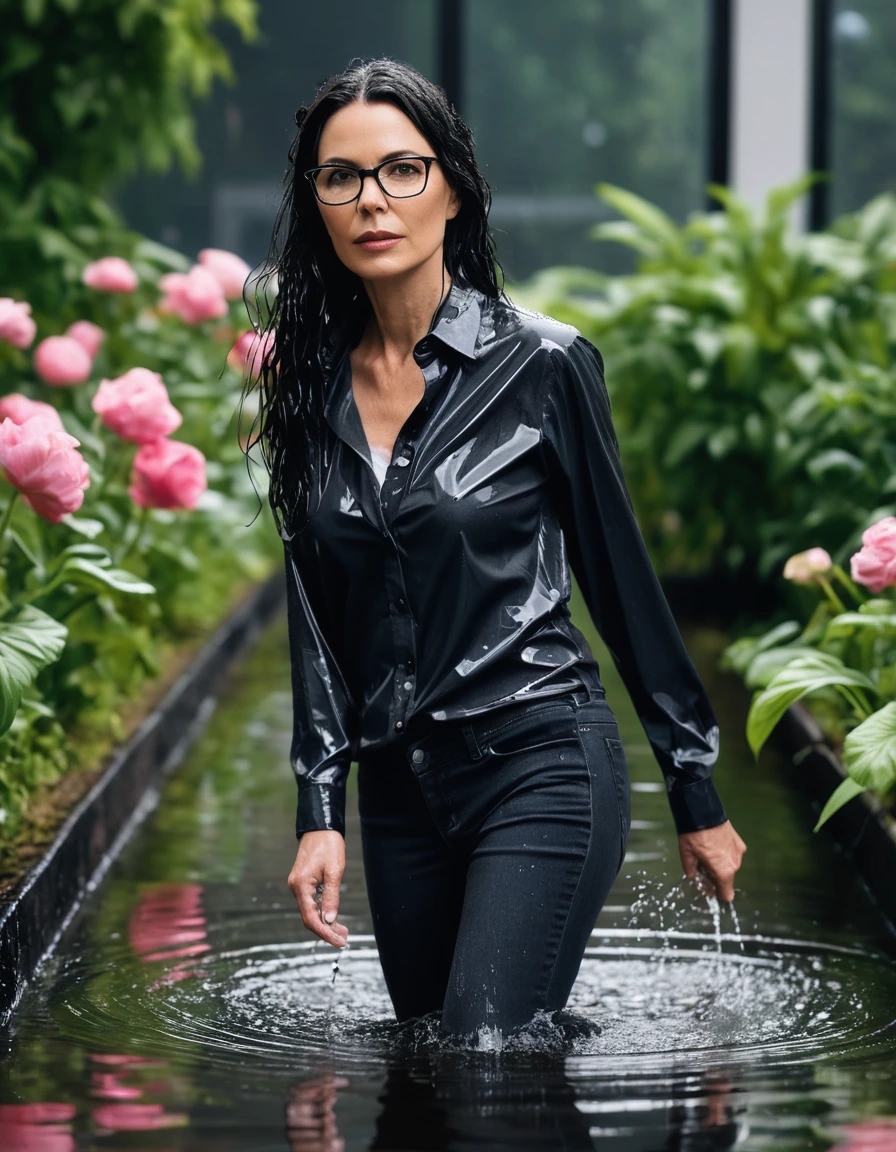 photo of young woman, in soaking wet, drenched clothes,
office shoes , long black jeans, black jeans shirt with long sleeves, walking in flooded flower garden, 
enjoying, wet clothes stuck to body,
detailed textures of the wet clothes, wet face, wet plastered hair,
wet, drenched, professional, high-quality details, full body view.
sharp focus, ultra-high pixel detail, realistic, high-quality, full colors, incredibly detailed, 4k, 8k, 16k, hyper-realistic, RAW photo, masterpiece, ultra-detailed, professionally color graded, professional photograph, woman 51 years old, long black hair, very big and thick lips, office glasses, complete body, open mouth,, dry skin, dry clothes, dry fabric