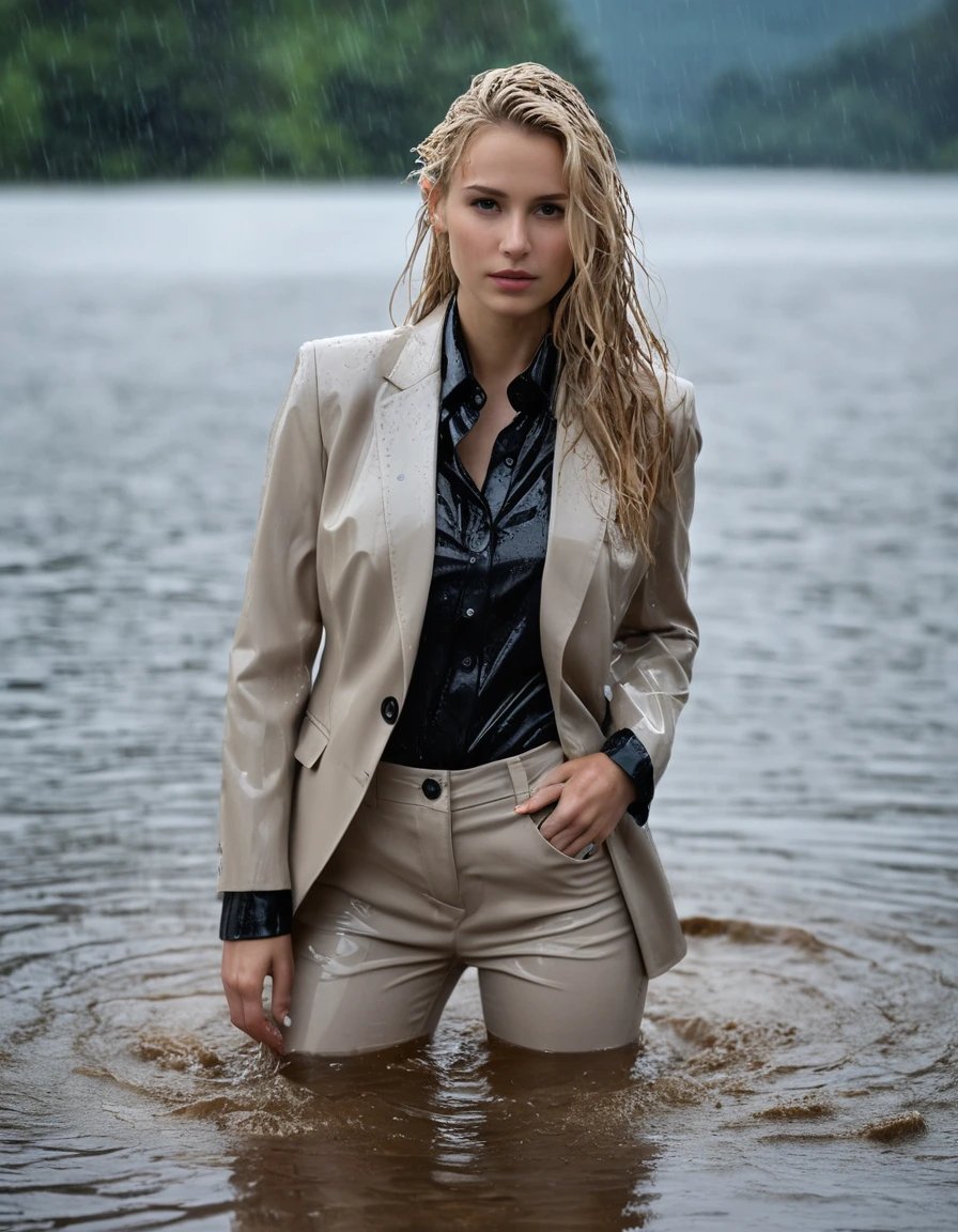 photo of young woman, in soaking wet, drenched clothes,
Beige Long Business Trouser, Beige Business Suit Jacket with Black button down business shirt longsleeve, Clear Mountain lake with heavy rain, 
enjoying, wet clothes stuck to body,
detailed textures of the wet clothes, wet face, wet plastered hair,
wet, drenched, professional, high-quality details, full body view.
sharp focus, ultra-high pixel detail, realistic, high-quality, full colors, incredibly detailed, 4k, 8k, 16k, hyper-realistic, RAW photo, masterpiece, ultra-detailed, professionally color graded, professional photograph, young elegant beautiful white Blonde women, breast deep submerged, under a big rainshower, fully clothed, completely soaked, fully drenched, completely wet, wetlook, heavy rain, side parting, long hair, rain storm, looks confidently into camera, dry skin, dry clothes, dry fabric
