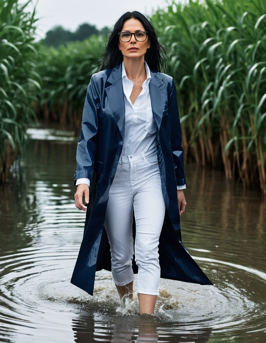 photo of young woman, in soaking wet, drenched clothes,
office shoes , long white jeans shinning, dark blue midi labcoat with long sleeves, walking submerged in flooded plant, 
enjoying, wet clothes stuck to body,
detailed textures of the wet clothes, wet face, wet plastered hair,
wet, drenched, professional, high-quality details, full body view.
sharp focus, ultra-high pixel detail, realistic, high-quality, full colors, incredibly detailed, 4k, 8k, 16k, hyper-realistic, RAW photo, masterpiece, ultra-detailed, professionally color graded, professional photograph, woman 51 years old, long black hair, very big and thick lips, office glasses, complete body, open mouth,, dry skin, dry clothes, dry fabric