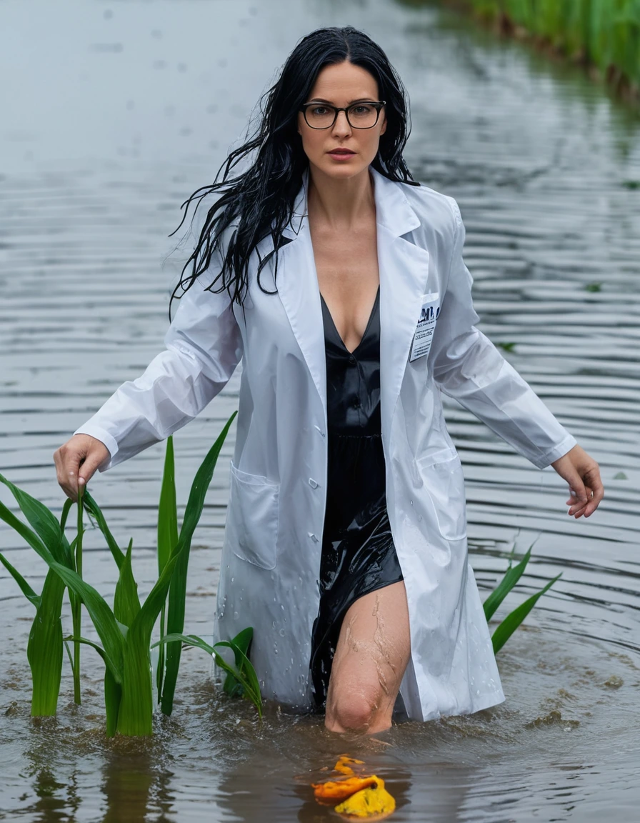 photo of young woman, in soaking wet, drenched clothes,
office shoes , white midi labcoat with long sleeves, white midi labcoat with long sleeves, walking submerged in flooded plant, 
enjoying, wet clothes stuck to body,
detailed textures of the wet clothes, wet face, wet plastered hair,
wet, drenched, professional, high-quality details, full body view.
sharp focus, ultra-high pixel detail, realistic, high-quality, full colors, incredibly detailed, 4k, 8k, 16k, hyper-realistic, RAW photo, masterpiece, ultra-detailed, professionally color graded, professional photograph, woman 51 years old, long black hair, very big and thick lips, office glasses, complete body, open mouth, dry skin, dry clothes, dry fabric