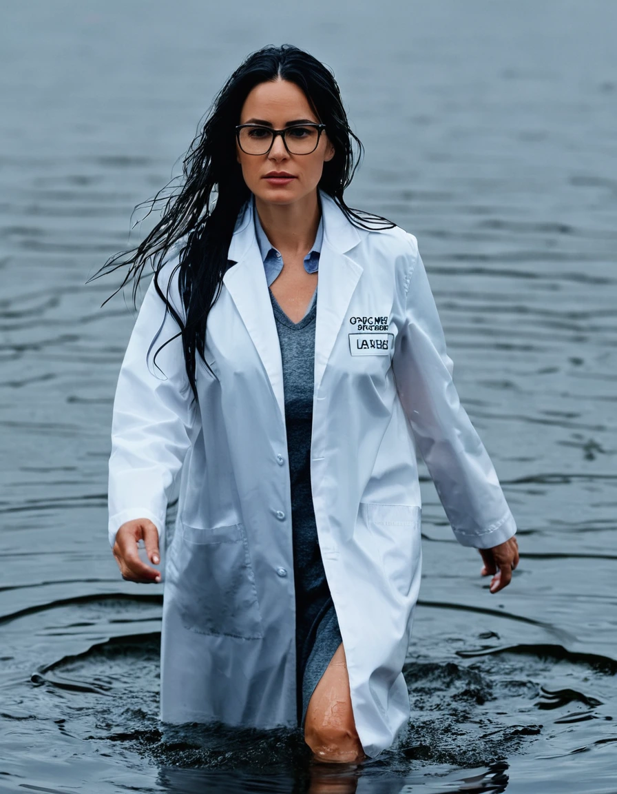 photo of young woman, in soaking wet, drenched clothes,
office shoes , white midi labcoat with long sleeves, white midi labcoat with long sleeves, walking complete submerged in deep lake, 
enjoying, wet clothes stuck to body,
detailed textures of the wet clothes, wet face, wet plastered hair,
wet, drenched, professional, high-quality details, full body view.
sharp focus, ultra-high pixel detail, realistic, high-quality, full colors, incredibly detailed, 4k, 8k, 16k, hyper-realistic, RAW photo, masterpiece, ultra-detailed, professionally color graded, professional photograph, woman 51 years old, long black hair, very big and thick lips, office glasses, complete body, open mouth,, dry skin, dry clothes, dry fabric
