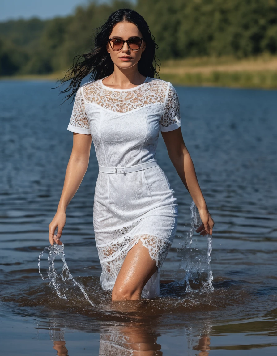 photo of young woman, in soaking wet, drenched clothes,
office shoes , tight midi white lace t-shirt dress with short sleeves, tight midi white lace t-shirt dress with short sleeves, walking submerged in sunny lake, 
enjoying, wet clothes stuck to body,
detailed textures of the wet clothes, wet face, wet plastered hair,
wet, drenched, professional, high-quality details, full body view.
sharp focus, ultra-high pixel detail, realistic, high-quality, full colors, incredibly detailed, 4k, 8k, 16k, hyper-realistic, RAW photo, masterpiece, ultra-detailed, professionally color graded, professional photograph, woman 51 years old, long black hair, very big and thick lips, office glasses, complete body, open mouth,, dry skin, dry clothes, dry fabric