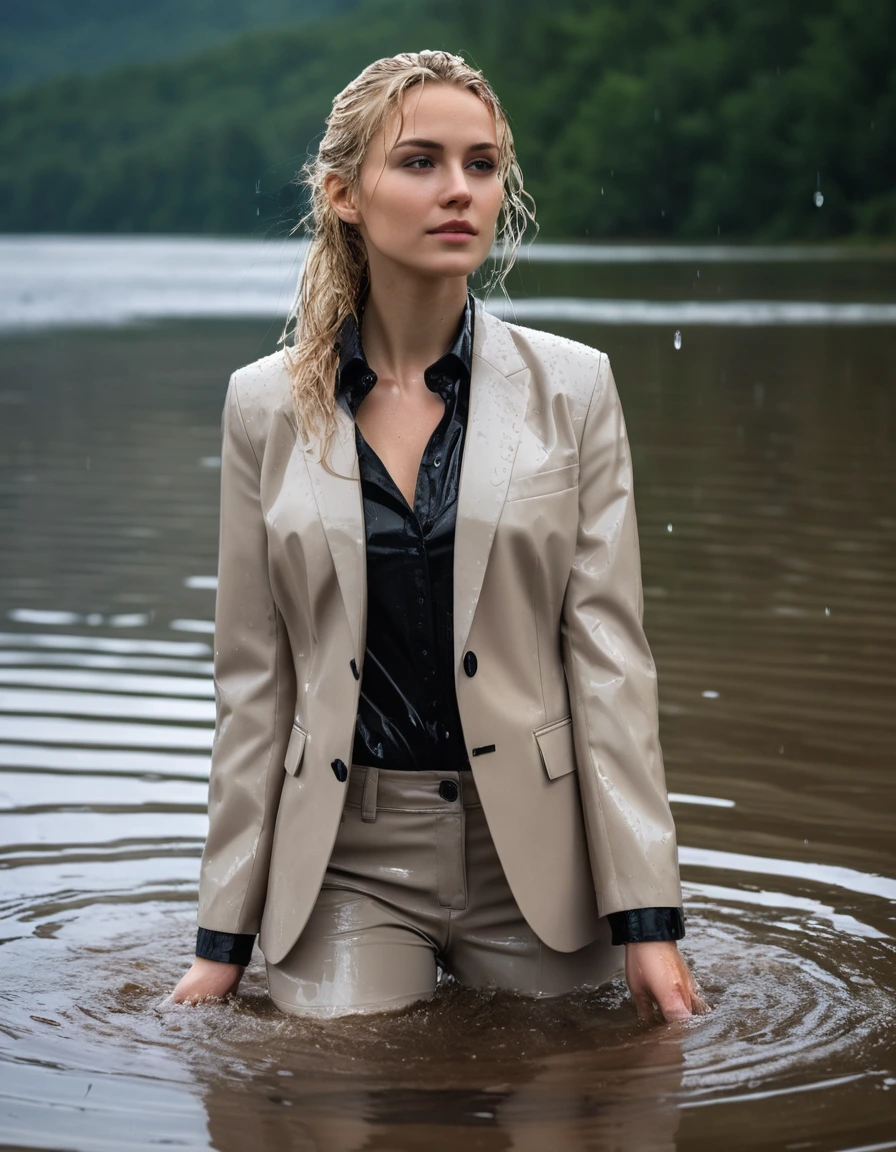 photo of young woman, in soaking wet, drenched clothes,
Beige Long Business Trouser, Beige Business Suit Jacket with Black button down business shirt longsleeve, Clear Mountain lake with heavy rain, 
enjoying, wet clothes stuck to body,
detailed textures of the wet clothes, wet face, wet plastered hair,
wet, drenched, professional, high-quality details, full body view.
sharp focus, ultra-high pixel detail, realistic, high-quality, full colors, incredibly detailed, 4k, 8k, 16k, hyper-realistic, RAW photo, masterpiece, ultra-detailed, professionally color graded, professional photograph, young elegant beautiful white Blonde women, breast deep submerged, under a big rainshower, fully clothed, completely soaked, fully drenched, completely wet, wetlook, heavy rain, side parting, long hair, rain storm, looks confidently into camera, dry skin, dry clothes, dry fabric