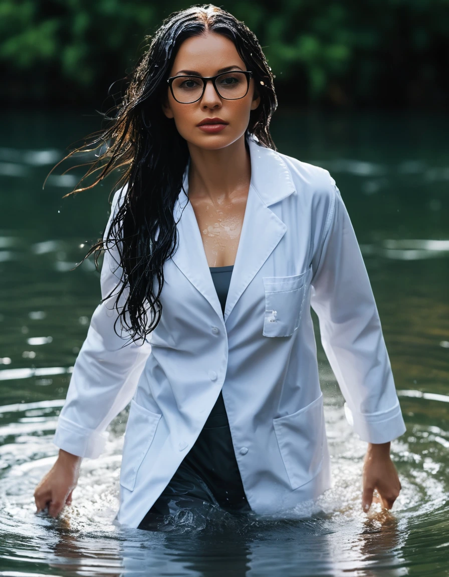 photo of young woman, in soaking wet, drenched clothes,
office shoes , white midi labcoat with long sleeves, white midi labcoat with long sleeves, walking complete submerged under water in deep lake, 
enjoying, wet clothes stuck to body,
detailed textures of the wet clothes, wet face, wet plastered hair,
wet, drenched, professional, high-quality details, full body view.
sharp focus, ultra-high pixel detail, realistic, high-quality, full colors, incredibly detailed, 4k, 8k, 16k, hyper-realistic, RAW photo, masterpiece, ultra-detailed, professionally color graded, professional photograph, woman 51 years old, long black hair, very big and thick lips, office glasses, complete body, open mouth,, dry skin, dry clothes, dry fabric