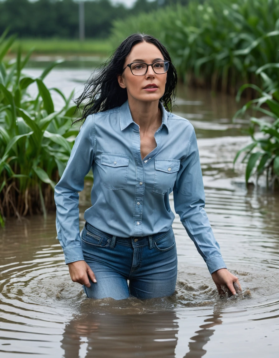 photo of young woman, in soaking wet, drenched clothes,
office shoes , long tight light blue jeans shinning, light blue jeans shirt with long sleeves, walking in flooded plant, 
enjoying, wet clothes stuck to body,
detailed textures of the wet clothes, wet face, wet plastered hair,
wet, drenched, professional, high-quality details, full body view.
sharp focus, ultra-high pixel detail, realistic, high-quality, full colors, incredibly detailed, 4k, 8k, 16k, hyper-realistic, RAW photo, masterpiece, ultra-detailed, professionally color graded, professional photograph, woman 51 years old, long black hair, very big and thick lips, office glasses, complete body, open mouth,, dry skin, dry clothes, dry fabric
